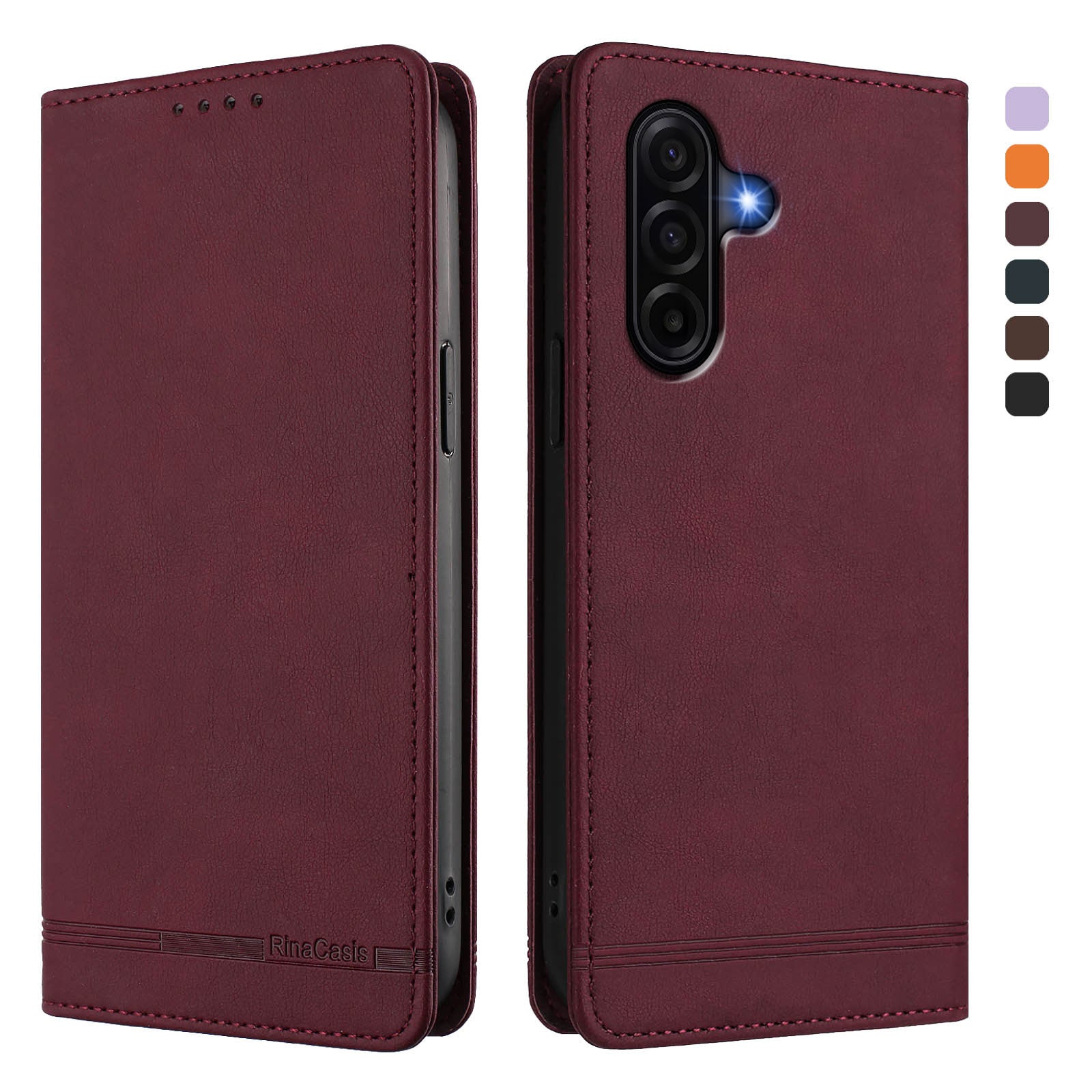 For Samsung Galaxy A57 5G Case RINACASIS RC23 RFID Blocking Wallet Stand PU Leather Phone Cover - Wine Red
