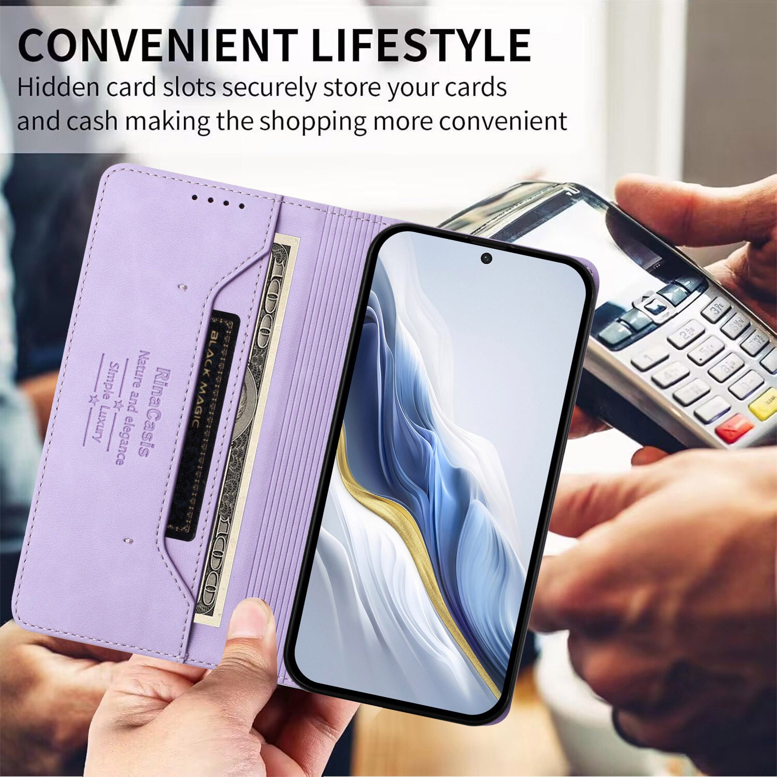 For Samsung Galaxy A57 5G Case RINACASIS RC23 RFID Blocking Wallet Stand PU Leather Phone Cover - Light Purple