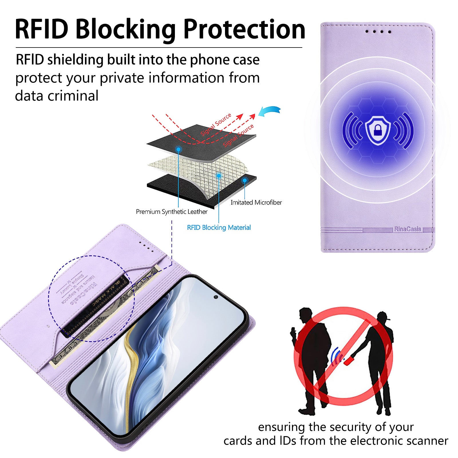For Samsung Galaxy A57 5G Case RINACASIS RC23 RFID Blocking Wallet Stand PU Leather Phone Cover - Light Purple