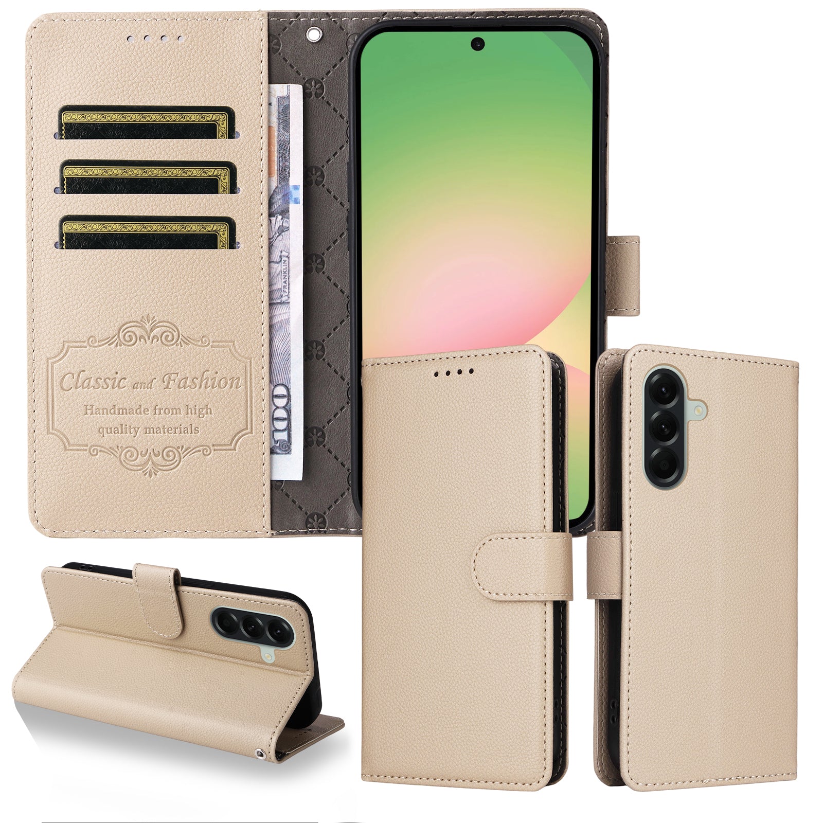 For Samsung Galaxy A57 5G Case RFID Blocking 3 Card Slots PU Leather Phone Cover with Wrist Strap - Creamy White