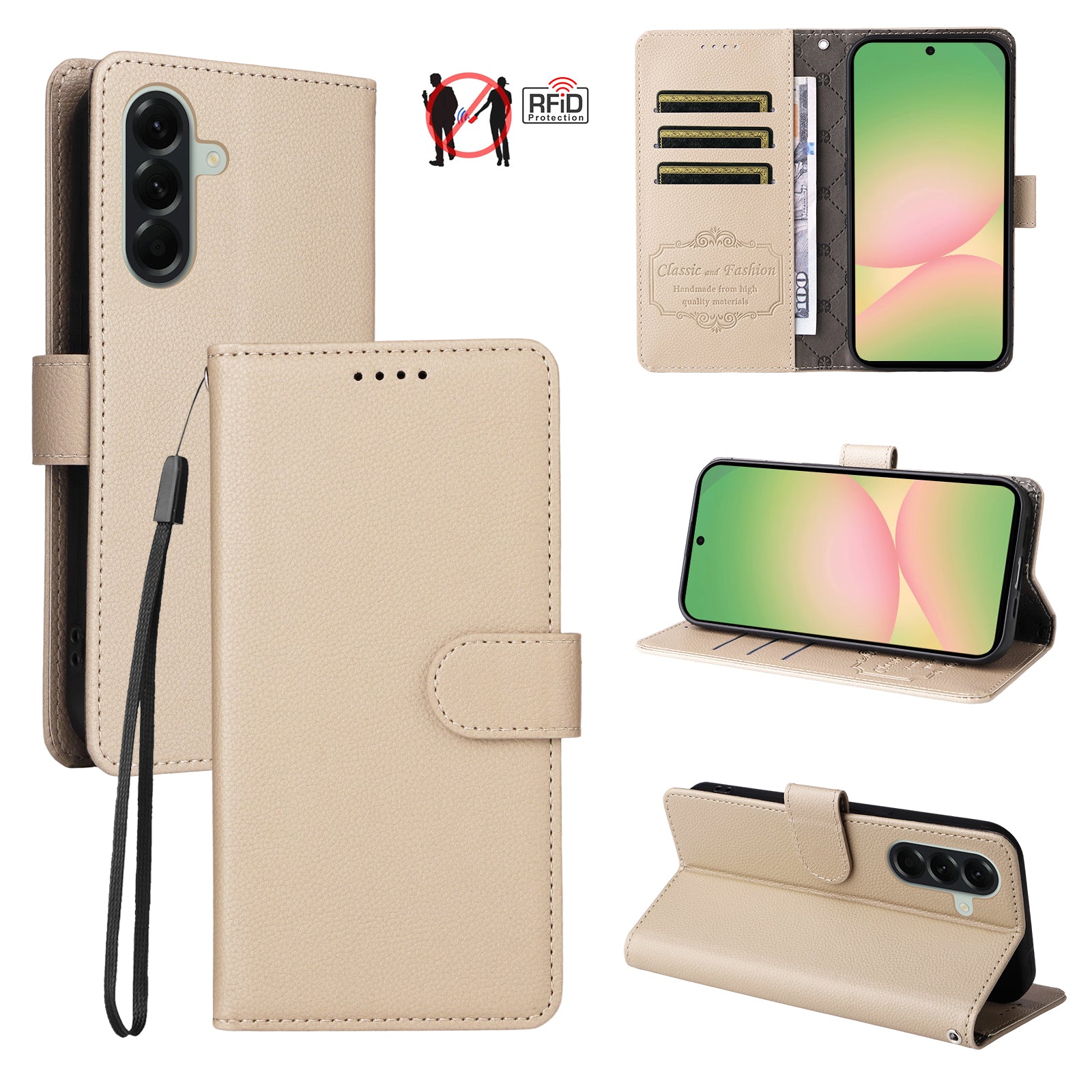 For Samsung Galaxy A57 5G Case RFID Blocking 3 Card Slots PU Leather Phone Cover with Wrist Strap - Creamy White
