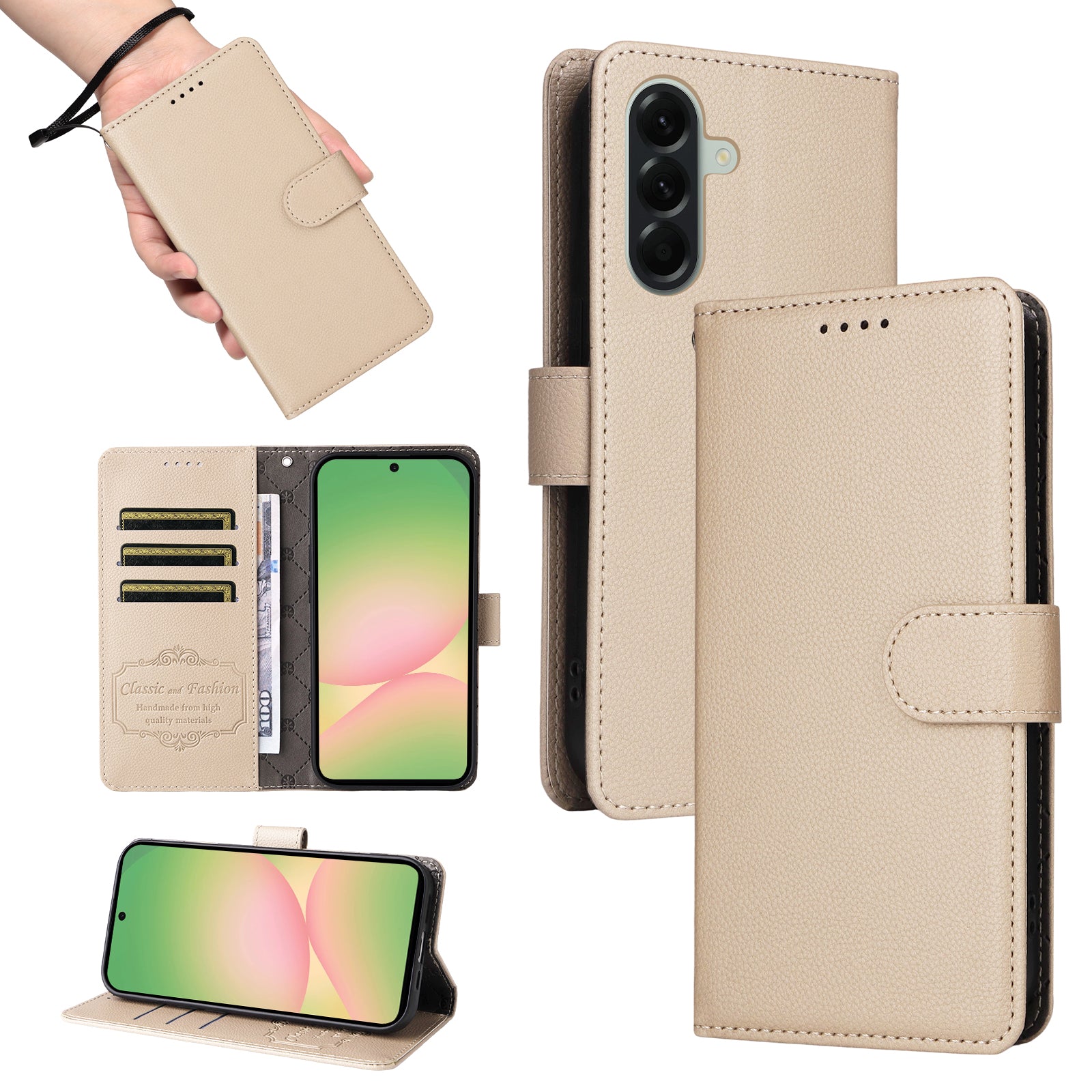 For Samsung Galaxy A57 5G Case RFID Blocking 3 Card Slots PU Leather Phone Cover with Wrist Strap - Creamy White