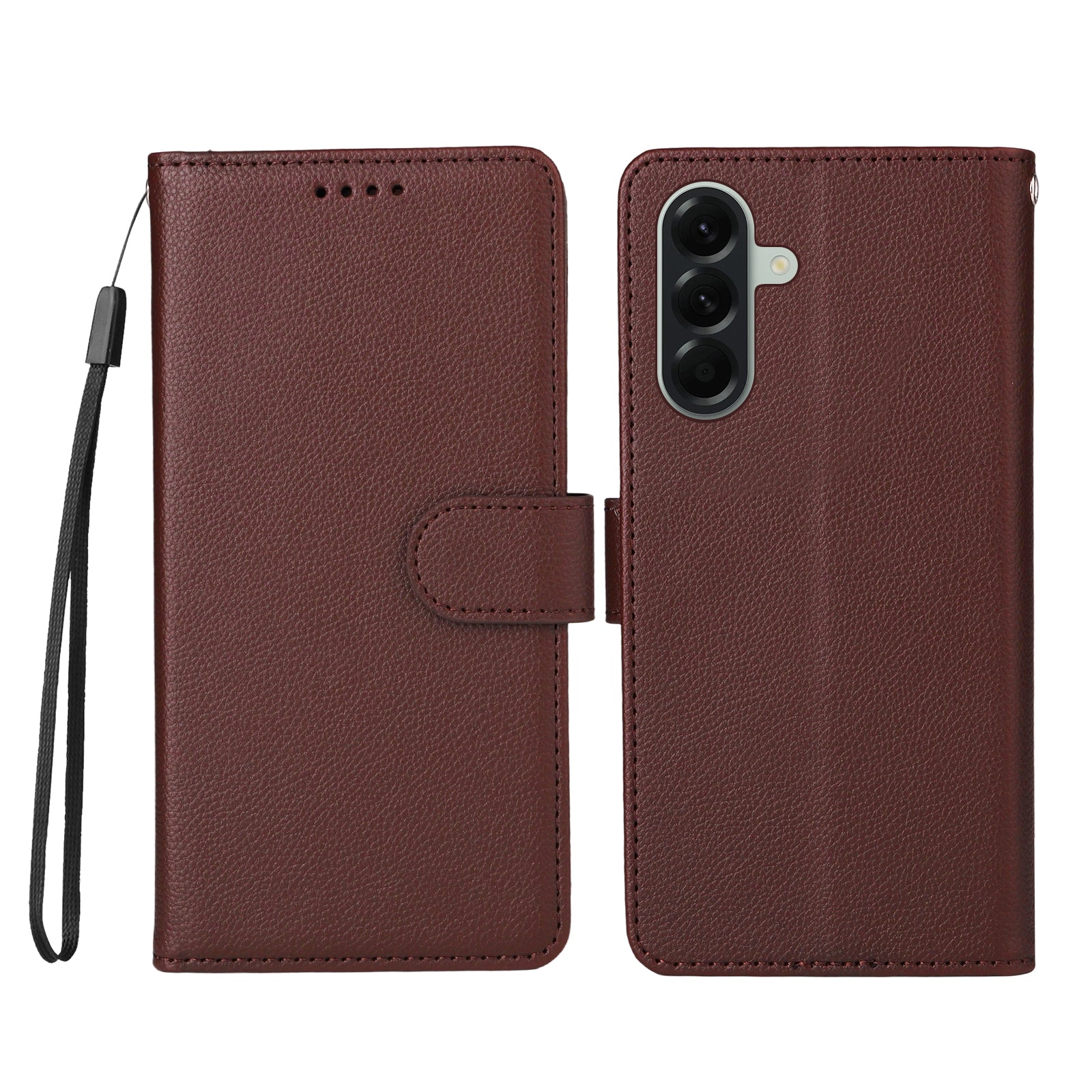 For Samsung Galaxy A57 5G Case RFID Blocking 3 Card Slots PU Leather Phone Cover with Wrist Strap - Brown