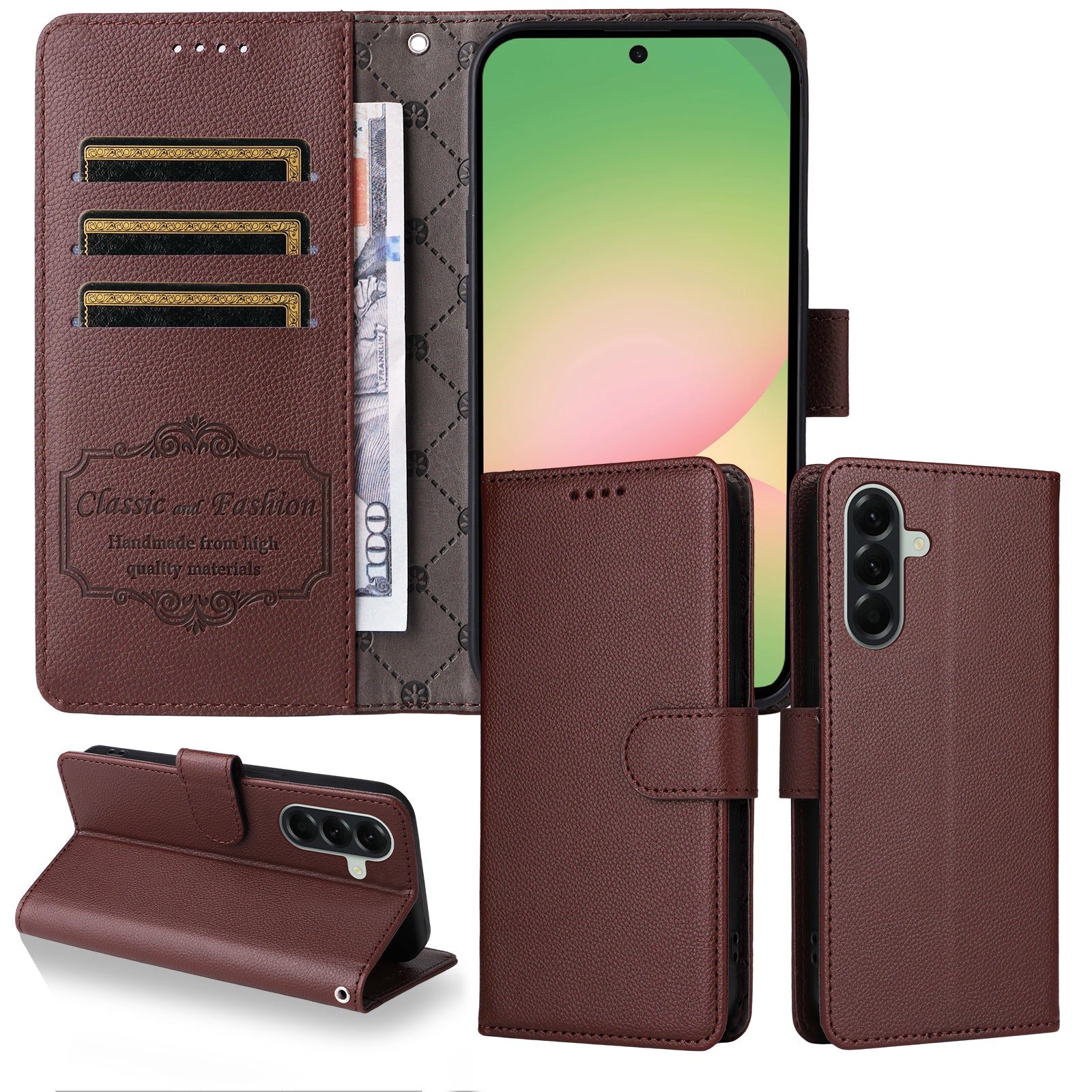 For Samsung Galaxy A57 5G Case RFID Blocking 3 Card Slots PU Leather Phone Cover with Wrist Strap - Brown