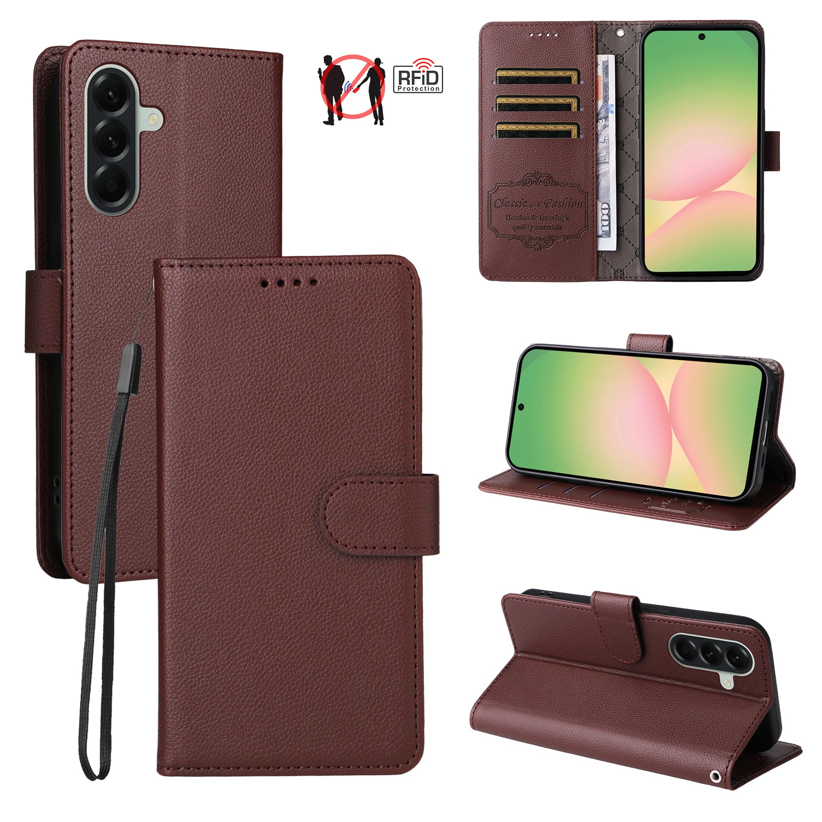 For Samsung Galaxy A57 5G Case RFID Blocking 3 Card Slots PU Leather Phone Cover with Wrist Strap - Brown