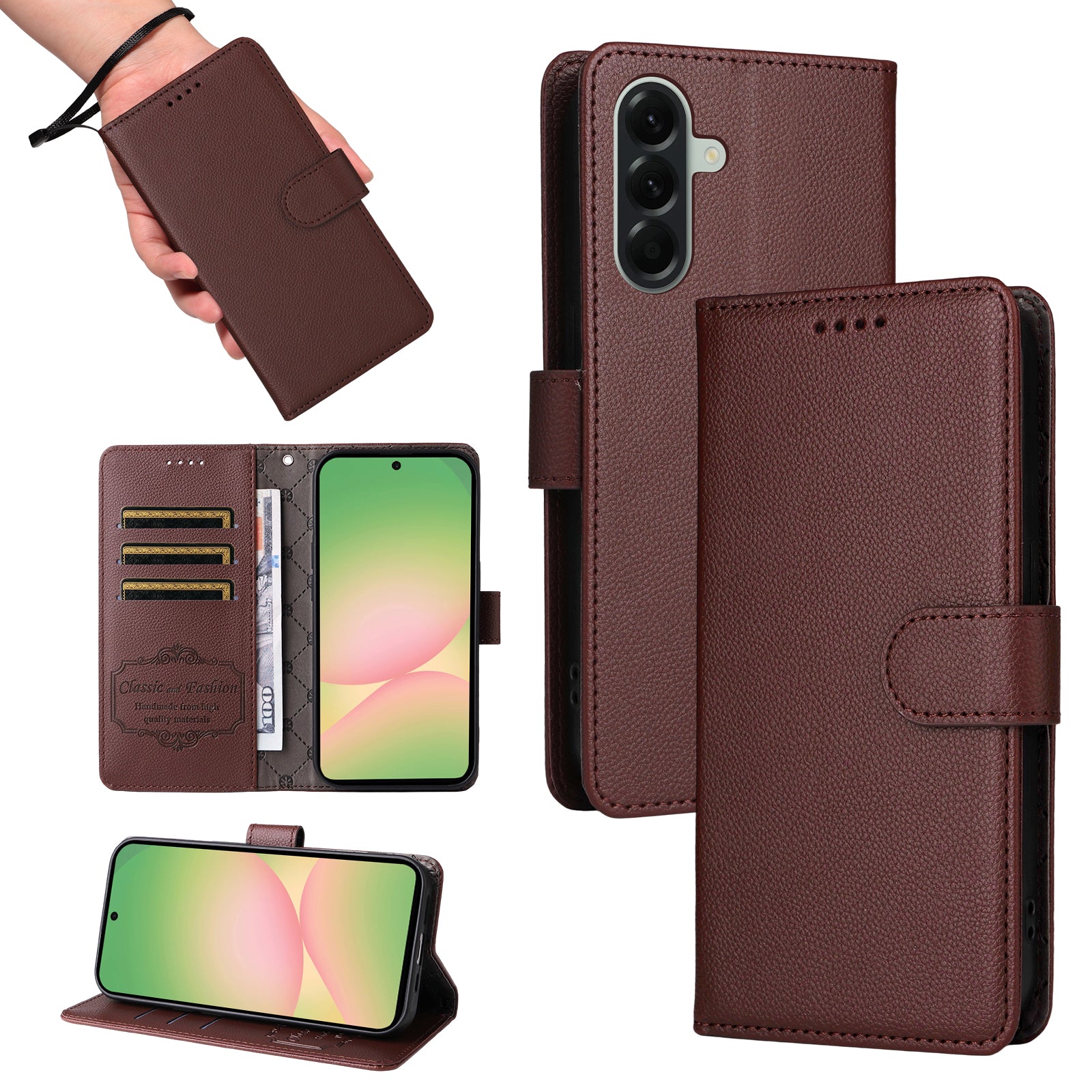 For Samsung Galaxy A57 5G Case RFID Blocking 3 Card Slots PU Leather Phone Cover with Wrist Strap - Brown
