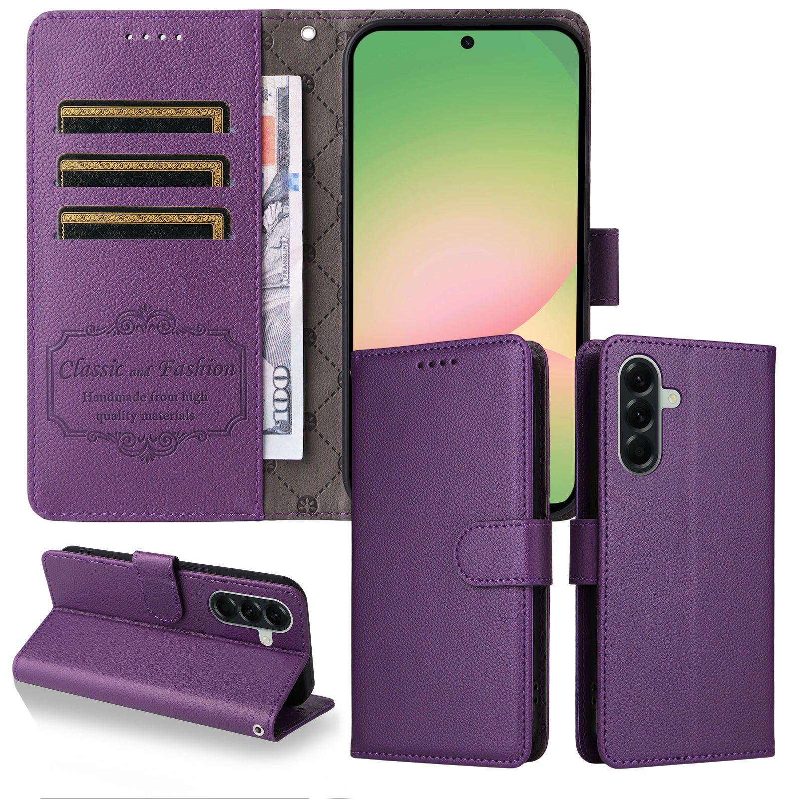 For Samsung Galaxy A57 5G Case RFID Blocking 3 Card Slots PU Leather Phone Cover with Wrist Strap - Purple
