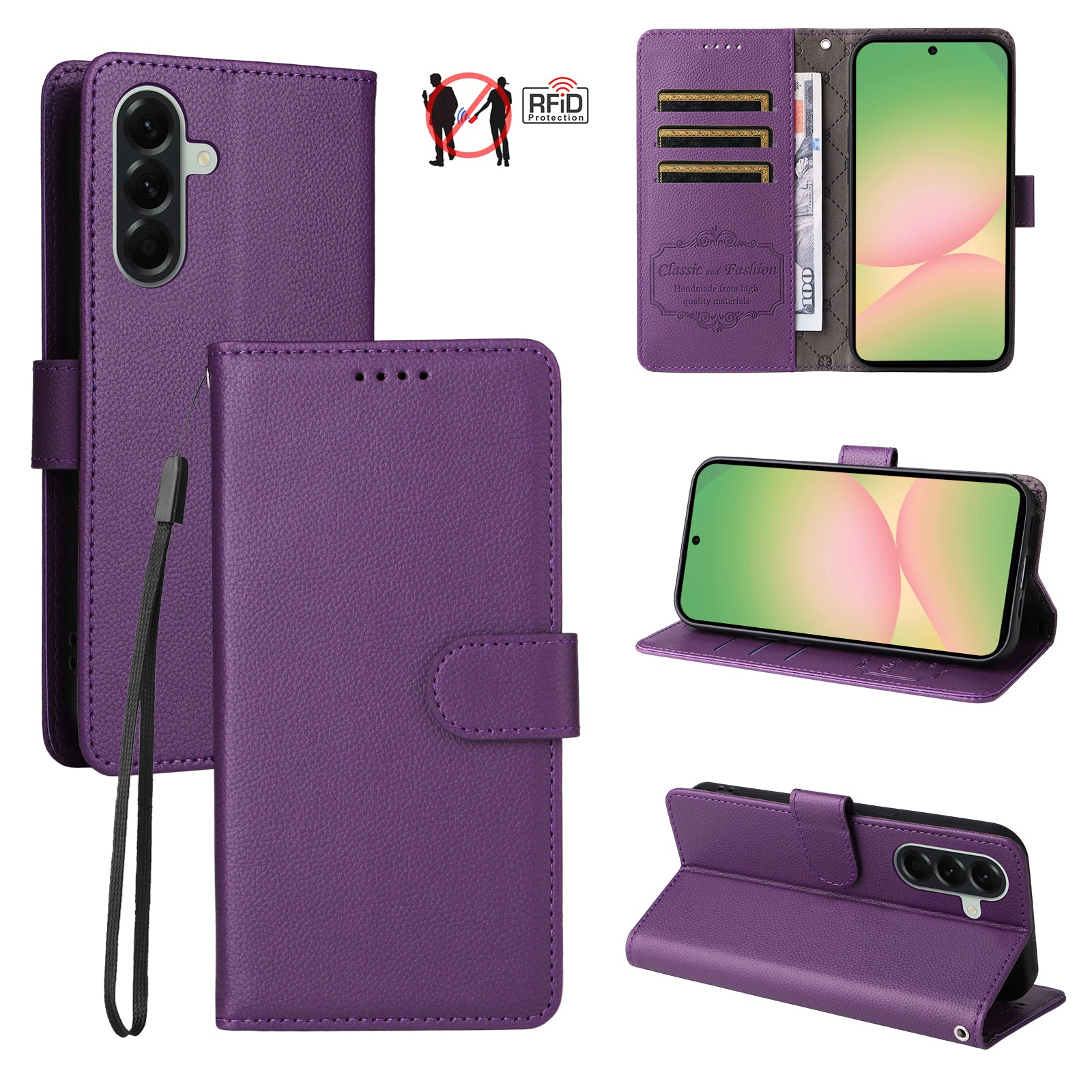 For Samsung Galaxy A57 5G Case RFID Blocking 3 Card Slots PU Leather Phone Cover with Wrist Strap - Purple