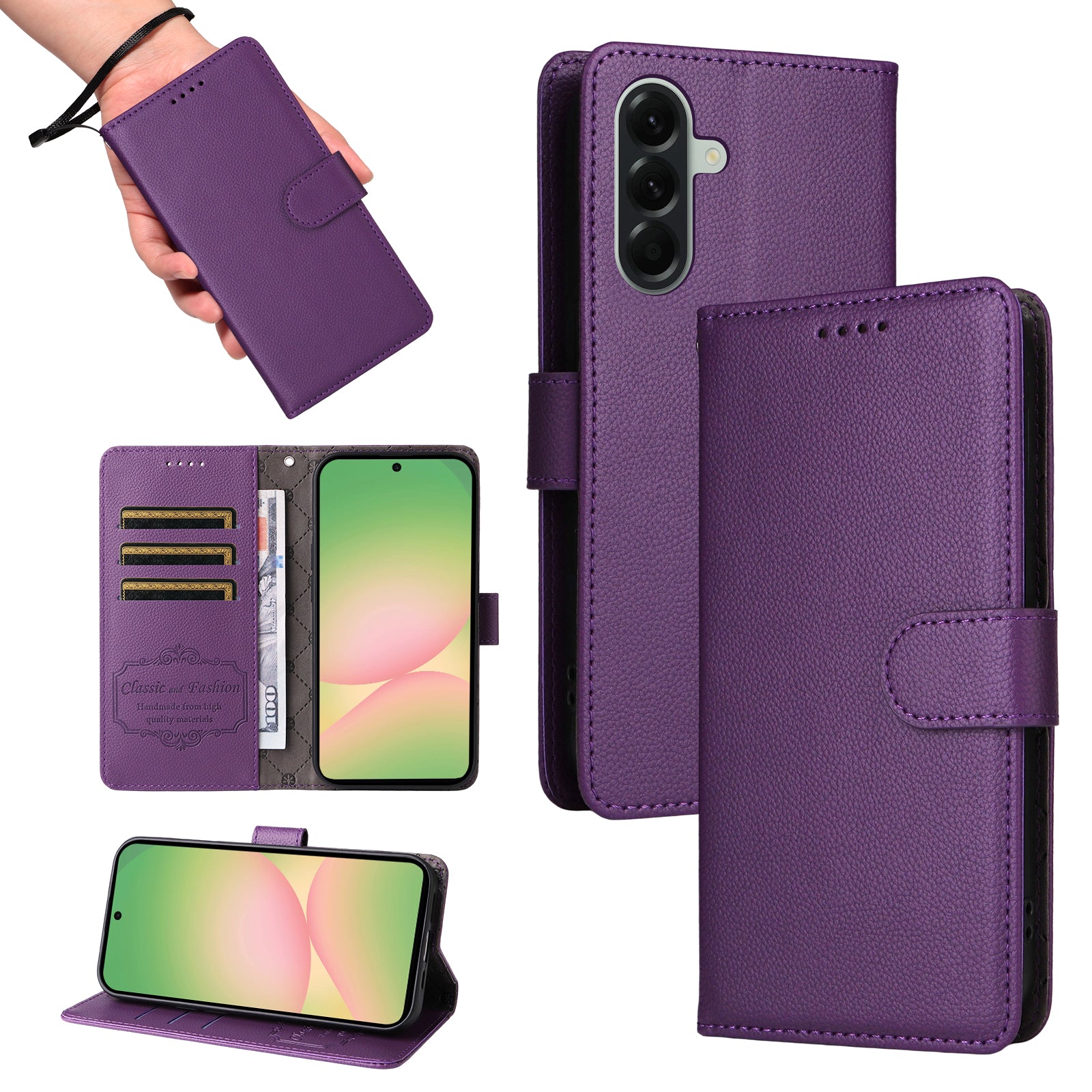 For Samsung Galaxy A57 5G Case RFID Blocking 3 Card Slots PU Leather Phone Cover with Wrist Strap - Purple