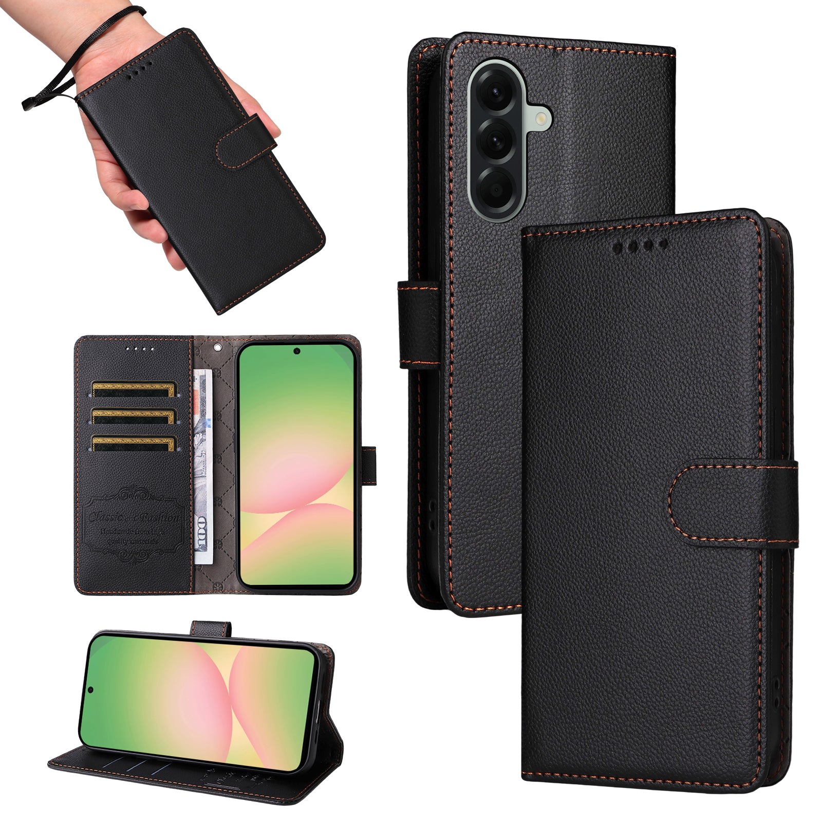 For Samsung Galaxy A57 5G Case RFID Blocking 3 Card Slots PU Leather Phone Cover with Wrist Strap - Black