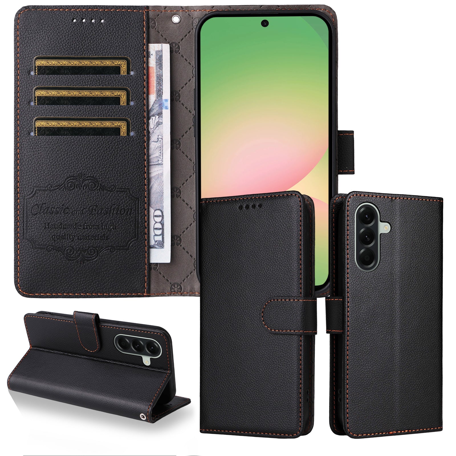 For Samsung Galaxy A57 5G Case RFID Blocking 3 Card Slots PU Leather Phone Cover with Wrist Strap - Black