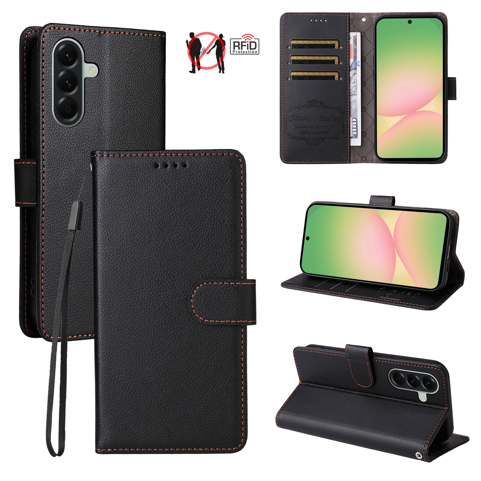 For Samsung Galaxy A57 5G Case RFID Blocking 3 Card Slots PU Leather Phone Cover with Wrist Strap - Black