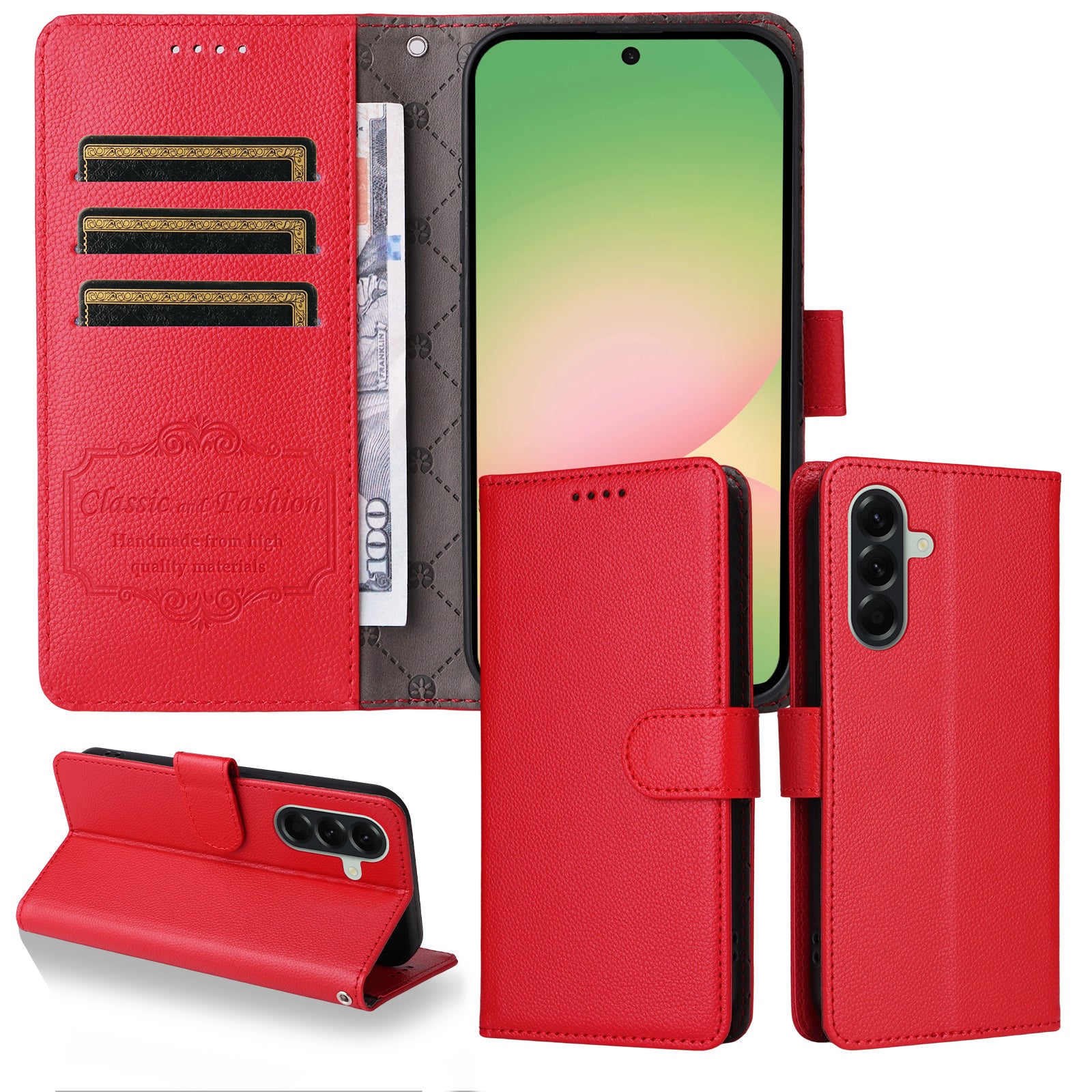For Samsung Galaxy A57 5G Case RFID Blocking 3 Card Slots PU Leather Phone Cover with Wrist Strap - Red