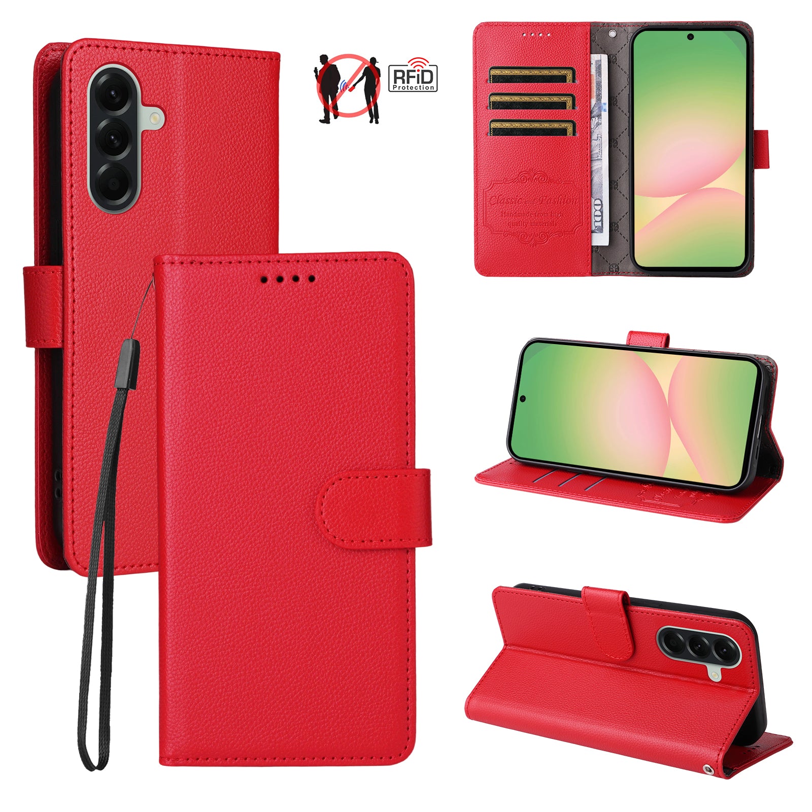 For Samsung Galaxy A57 5G Case RFID Blocking 3 Card Slots PU Leather Phone Cover with Wrist Strap - Red