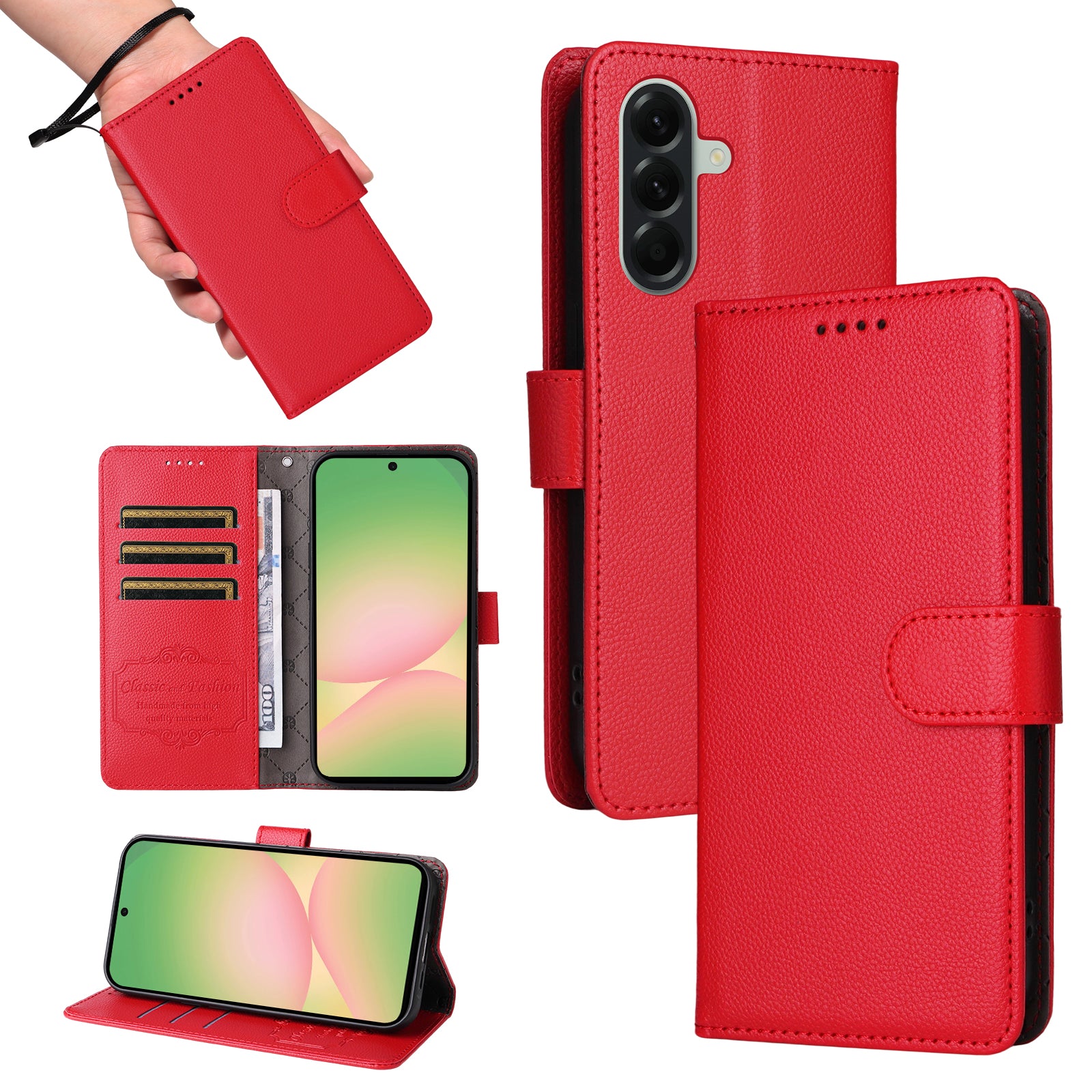 For Samsung Galaxy A57 5G Case RFID Blocking 3 Card Slots PU Leather Phone Cover with Wrist Strap - Red