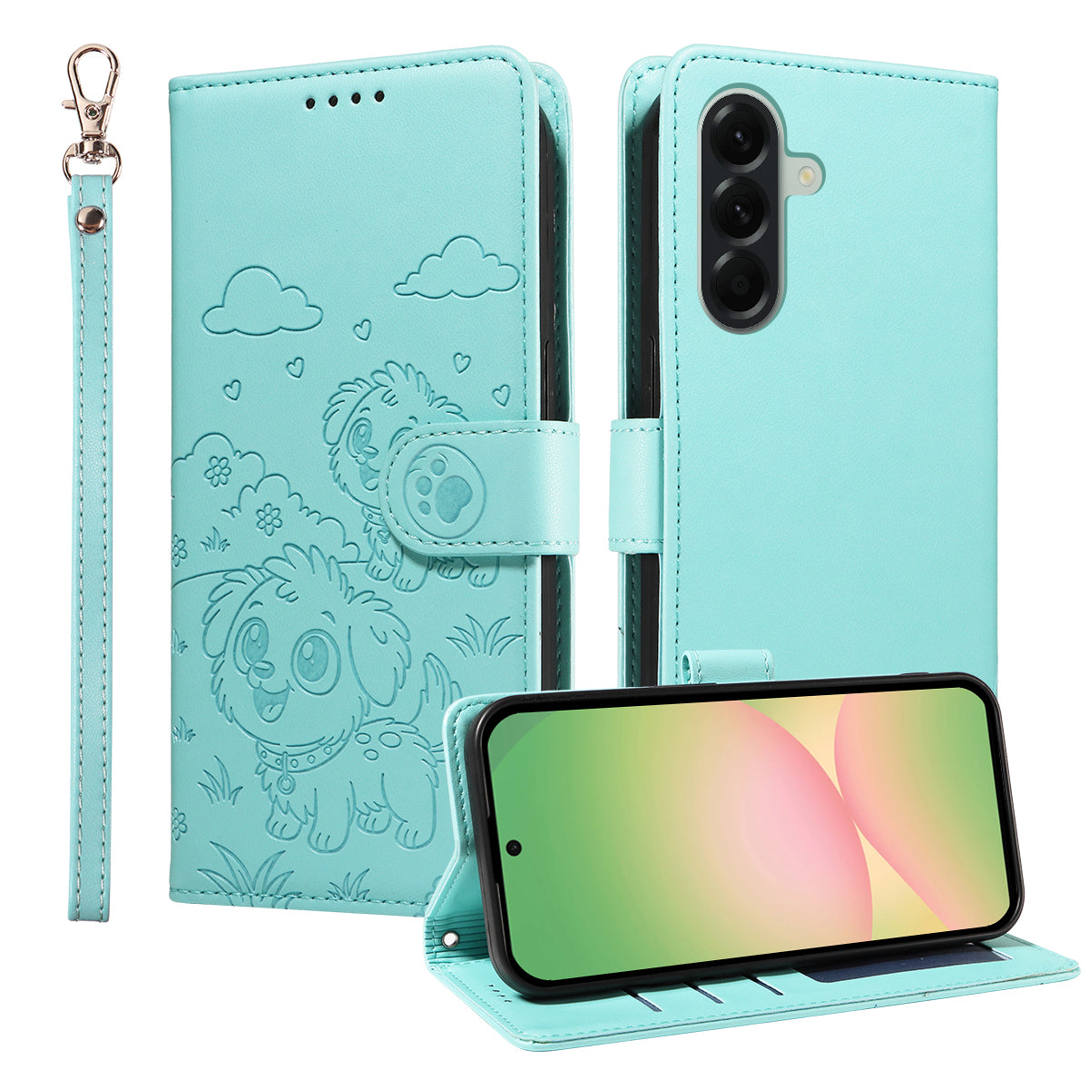 For Samsung Galaxy A57 5G Case RFID Blocking Imprinted Dog Pattern PU Leather Phone Cover with Wrist Strap - Green