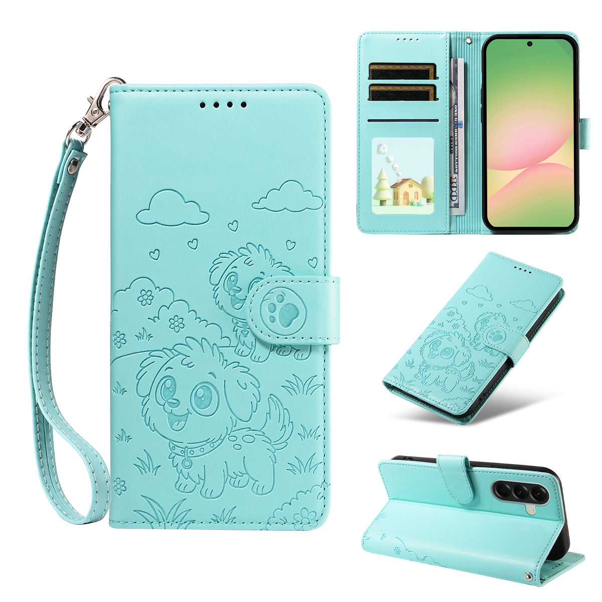 For Samsung Galaxy A57 5G Case RFID Blocking Imprinted Dog Pattern PU Leather Phone Cover with Wrist Strap - Green