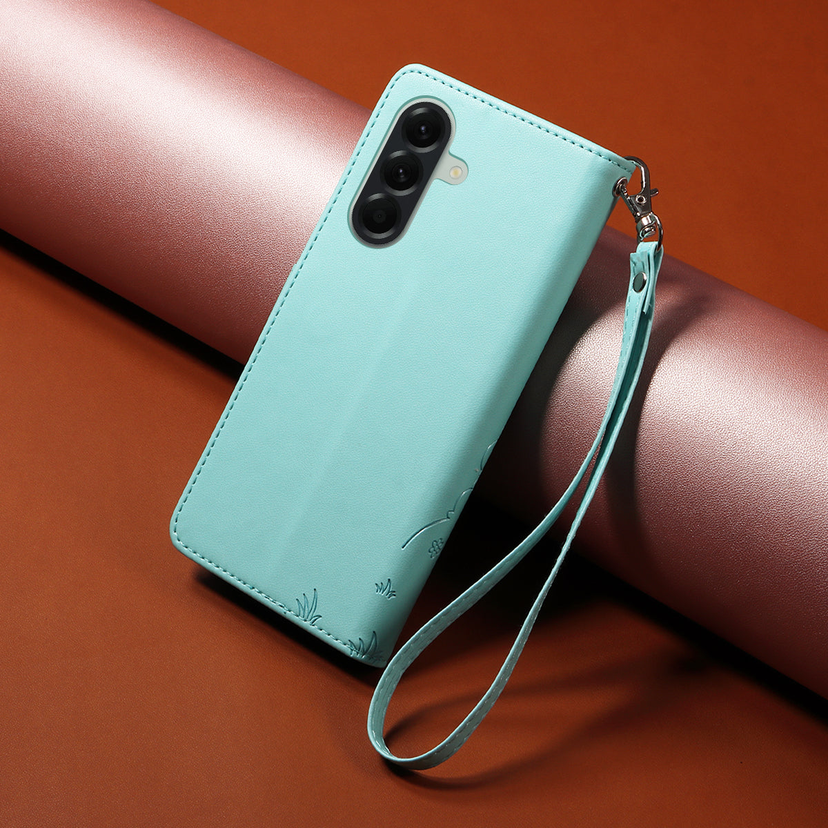 For Samsung Galaxy A57 5G Case RFID Blocking Imprinted Dog Pattern PU Leather Phone Cover with Wrist Strap - Green