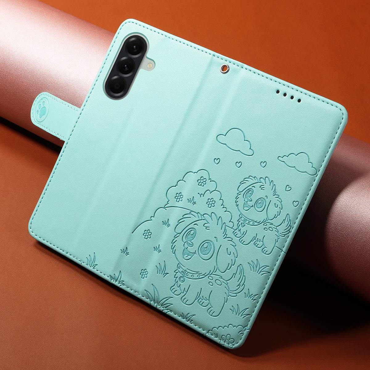 For Samsung Galaxy A57 5G Case RFID Blocking Imprinted Dog Pattern PU Leather Phone Cover with Wrist Strap - Green