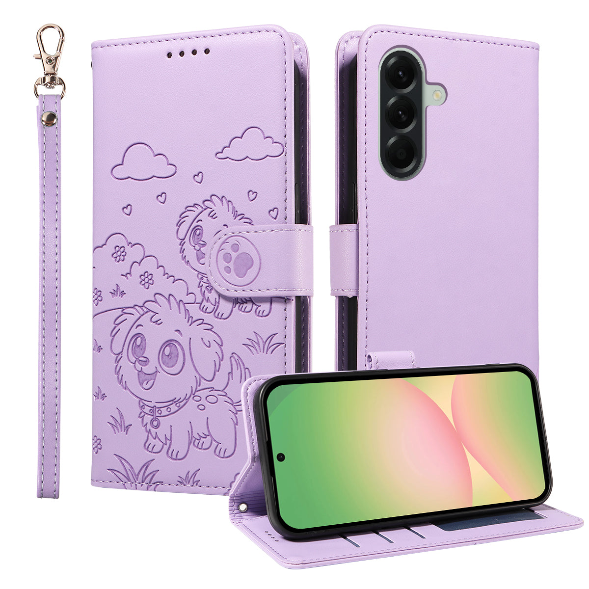 For Samsung Galaxy A57 5G Case RFID Blocking Imprinted Dog Pattern PU Leather Phone Cover with Wrist Strap - Purple