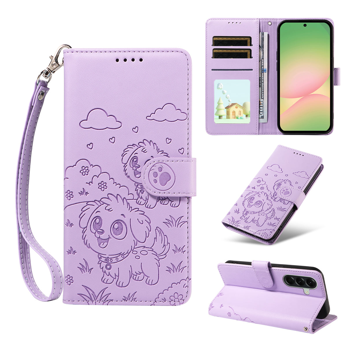 For Samsung Galaxy A57 5G Case RFID Blocking Imprinted Dog Pattern PU Leather Phone Cover with Wrist Strap - Purple