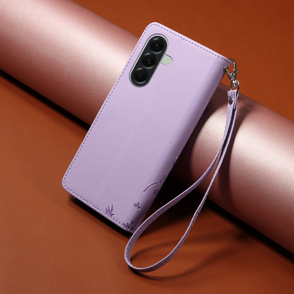 For Samsung Galaxy A57 5G Case RFID Blocking Imprinted Dog Pattern PU Leather Phone Cover with Wrist Strap - Purple
