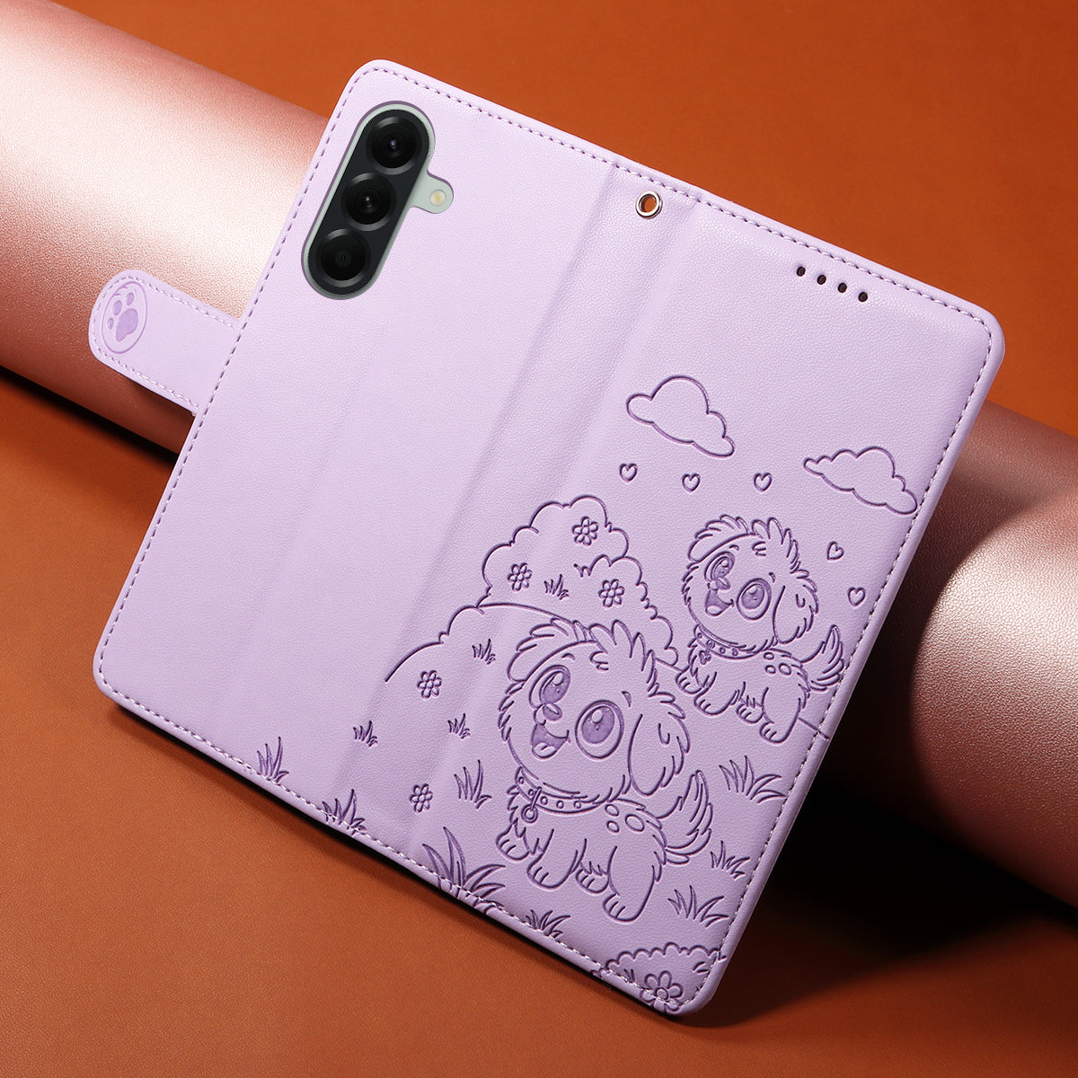 For Samsung Galaxy A57 5G Case RFID Blocking Imprinted Dog Pattern PU Leather Phone Cover with Wrist Strap - Purple