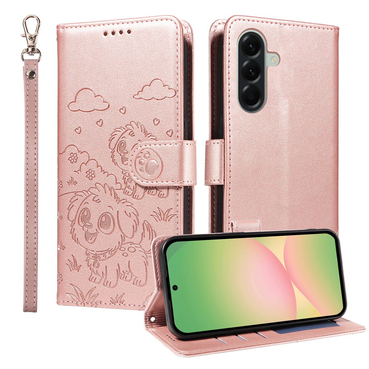 For Samsung Galaxy A57 5G Case RFID Blocking Imprinted Dog Pattern PU Leather Phone Cover with Wrist Strap - Pink