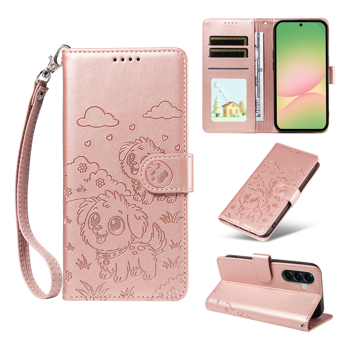 For Samsung Galaxy A57 5G Case RFID Blocking Imprinted Dog Pattern PU Leather Phone Cover with Wrist Strap - Pink