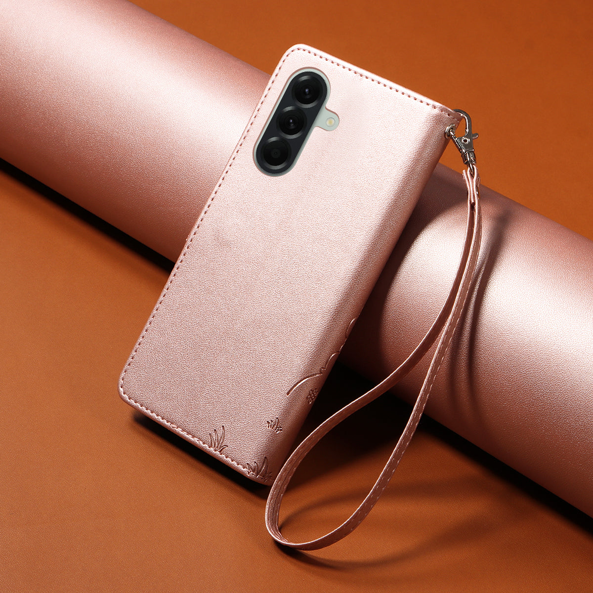 For Samsung Galaxy A57 5G Case RFID Blocking Imprinted Dog Pattern PU Leather Phone Cover with Wrist Strap - Pink