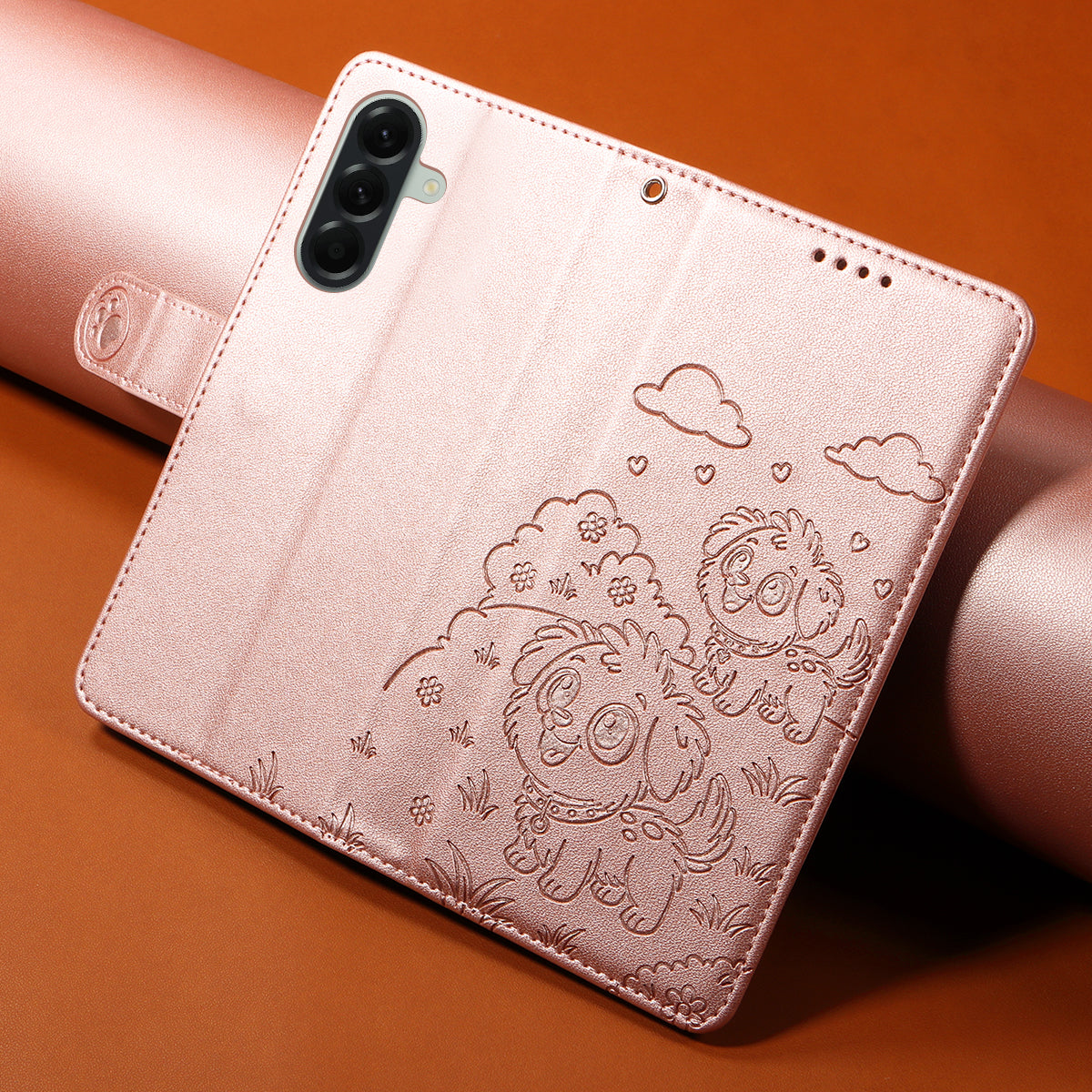 For Samsung Galaxy A57 5G Case RFID Blocking Imprinted Dog Pattern PU Leather Phone Cover with Wrist Strap - Pink