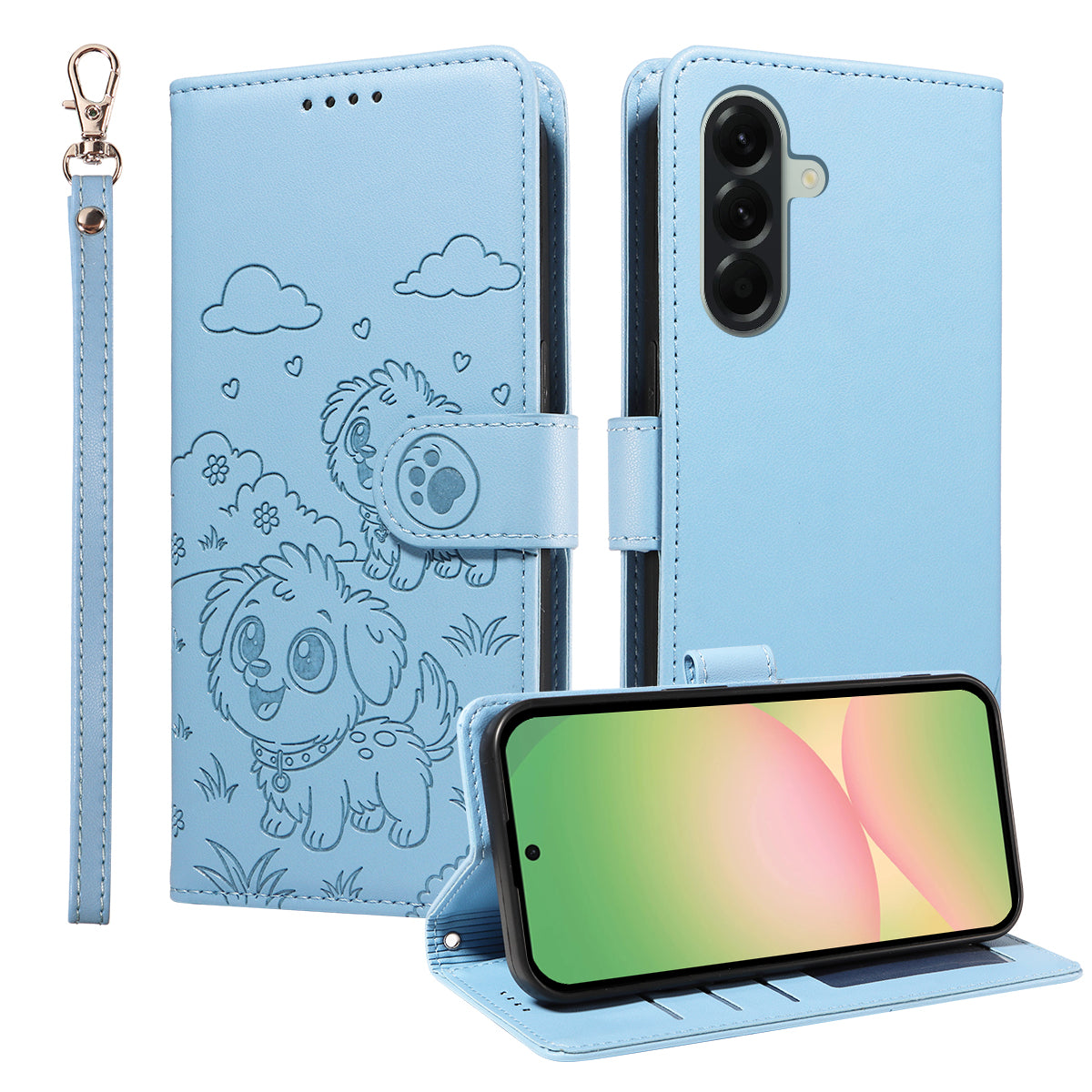 For Samsung Galaxy A57 5G Case RFID Blocking Imprinted Dog Pattern PU Leather Phone Cover with Wrist Strap - Blue