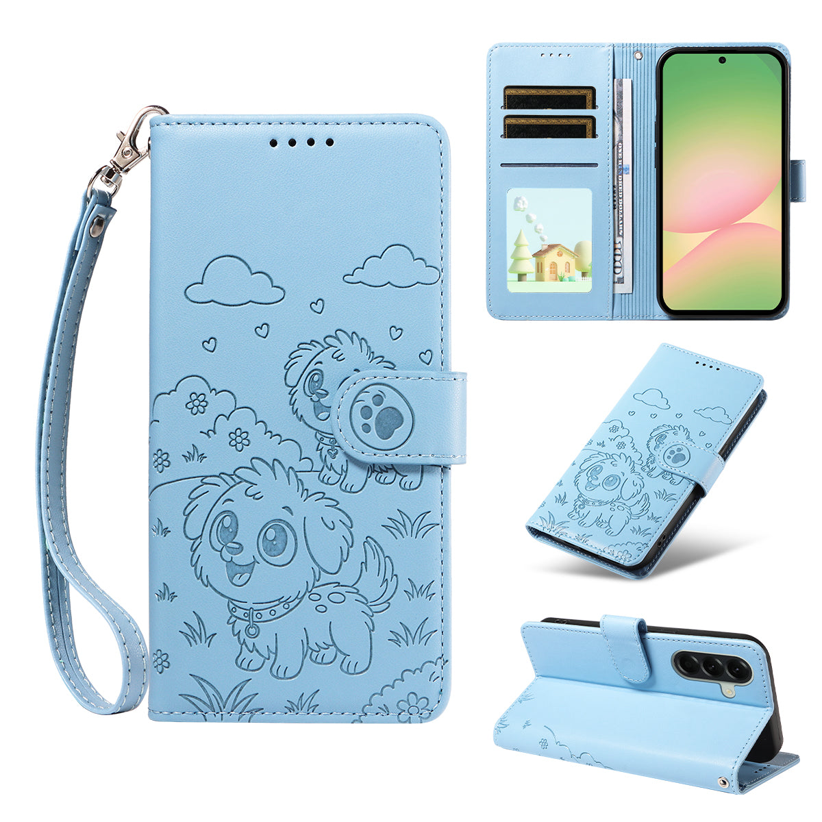 For Samsung Galaxy A57 5G Case RFID Blocking Imprinted Dog Pattern PU Leather Phone Cover with Wrist Strap - Blue