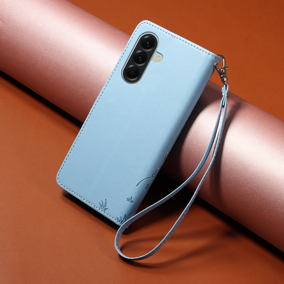For Samsung Galaxy A57 5G Case RFID Blocking Imprinted Dog Pattern PU Leather Phone Cover with Wrist Strap - Blue