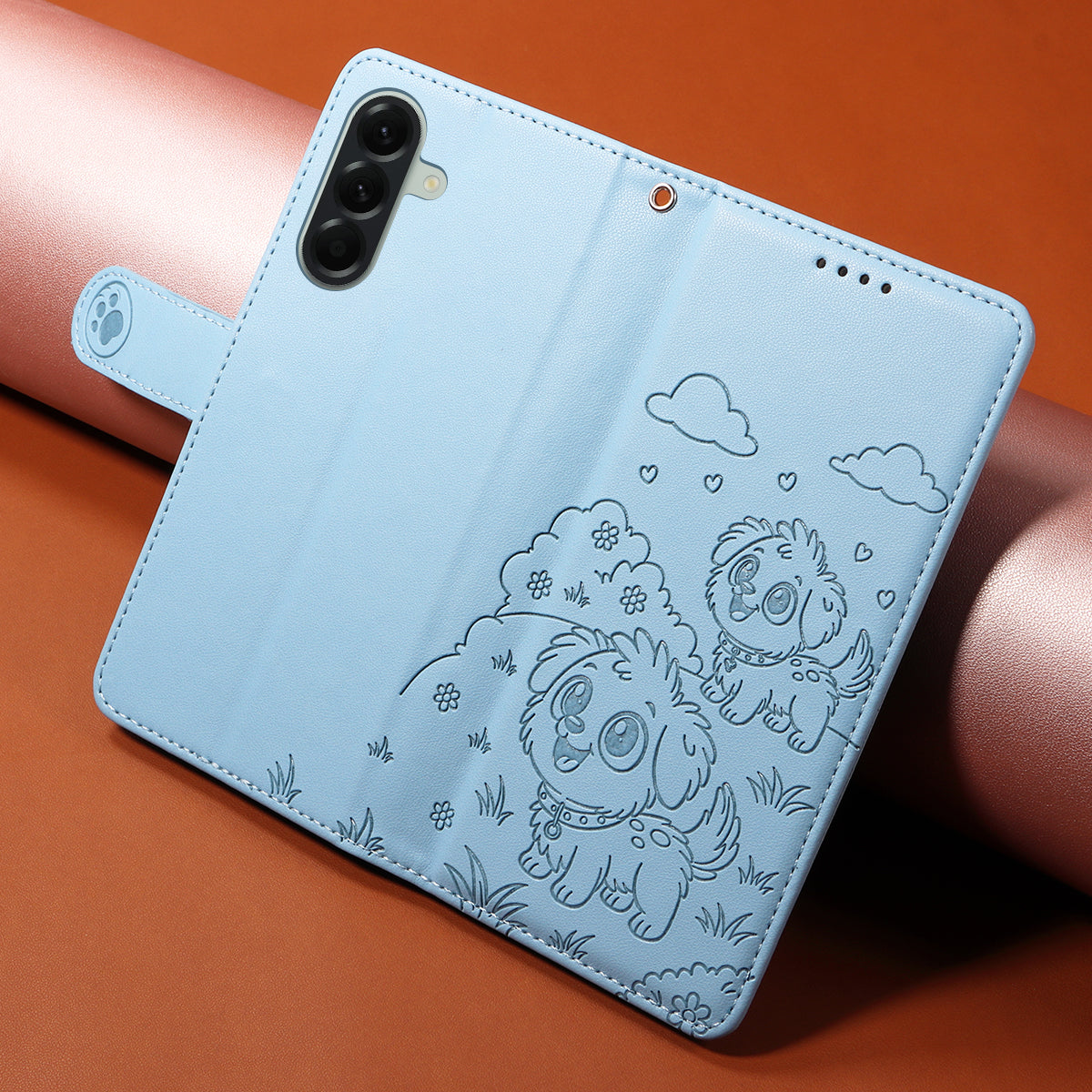 For Samsung Galaxy A57 5G Case RFID Blocking Imprinted Dog Pattern PU Leather Phone Cover with Wrist Strap - Blue