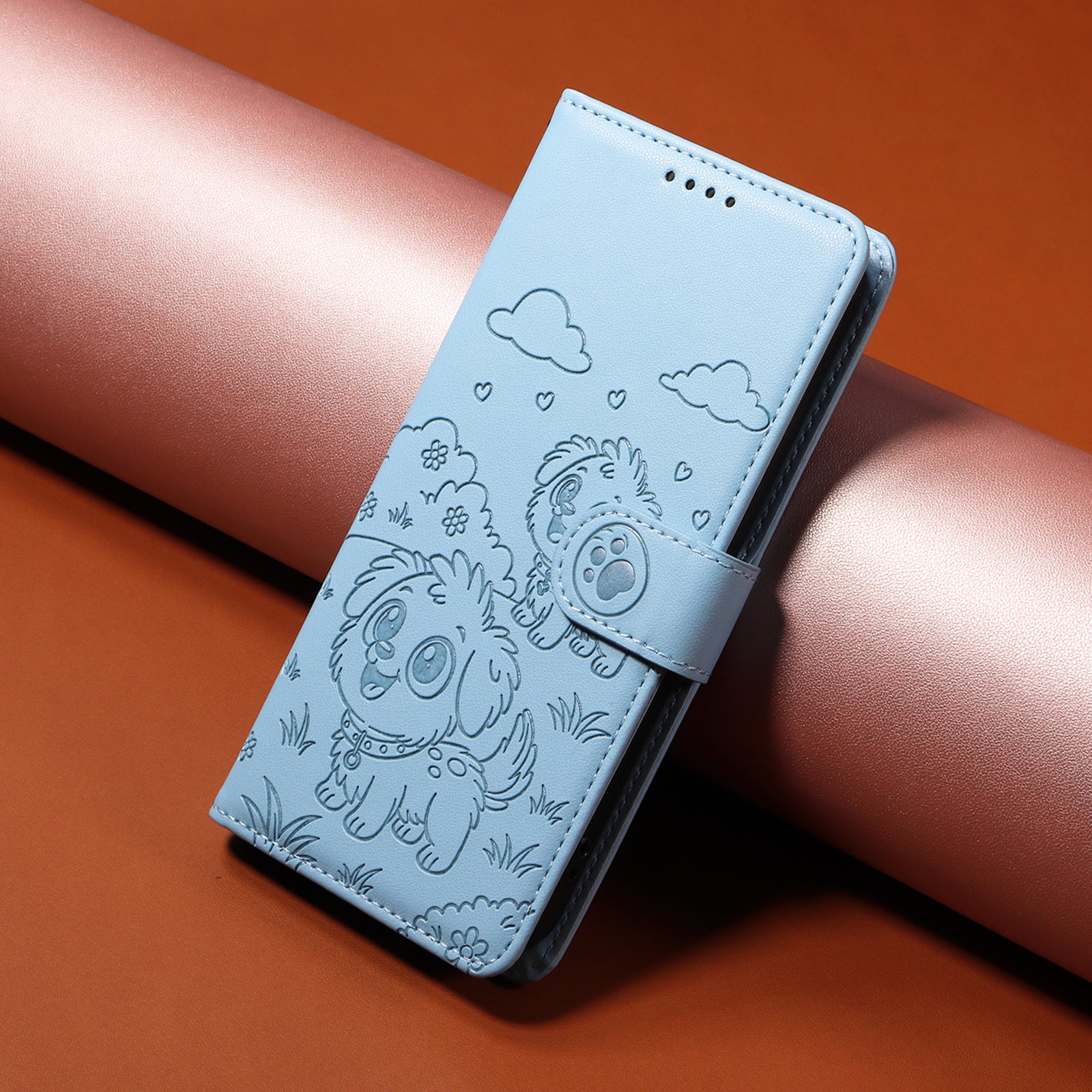 For Samsung Galaxy A57 5G Case RFID Blocking Imprinted Dog Pattern PU Leather Phone Cover with Wrist Strap - Blue