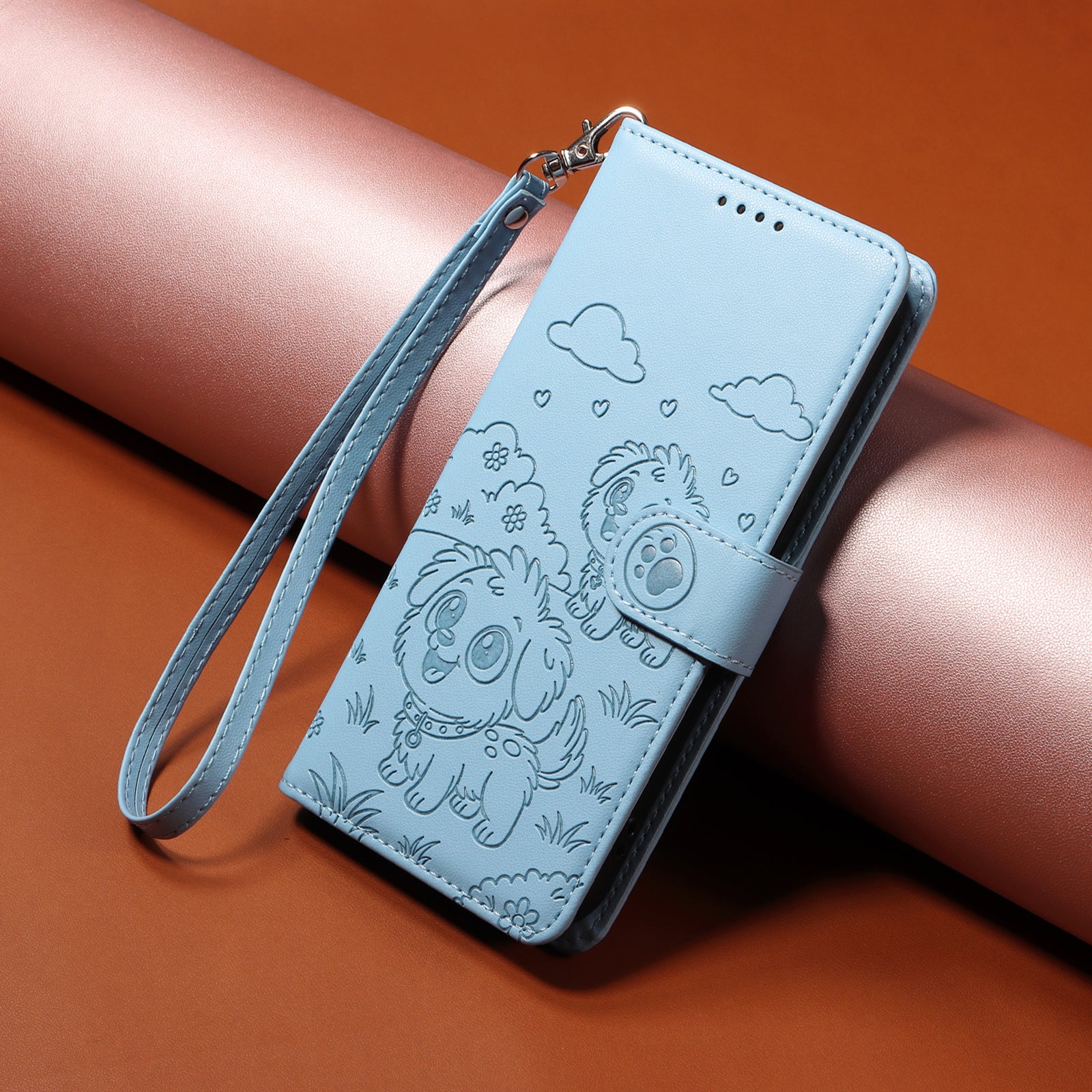 For Samsung Galaxy A57 5G Case RFID Blocking Imprinted Dog Pattern PU Leather Phone Cover with Wrist Strap - Blue