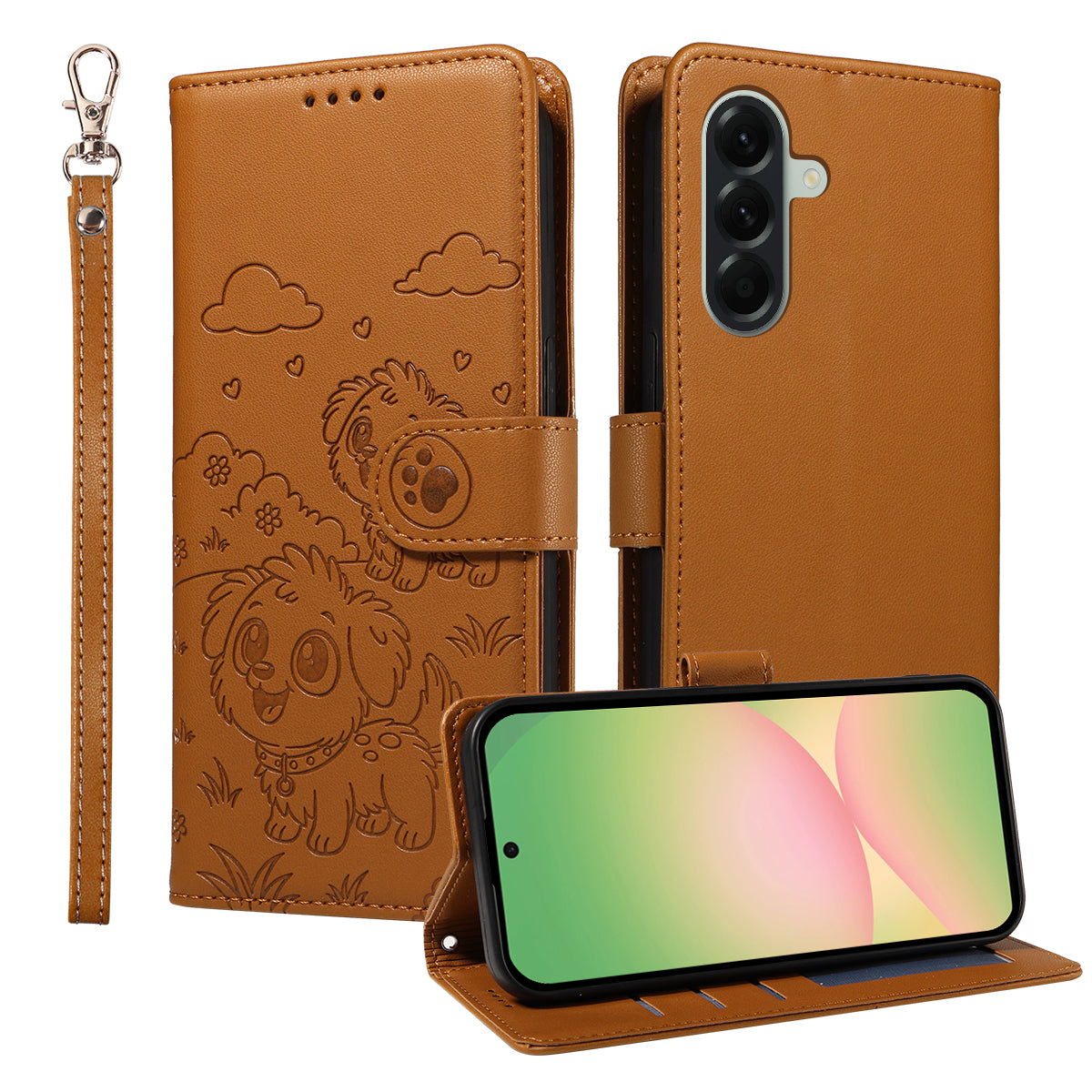 For Samsung Galaxy A57 5G Case RFID Blocking Imprinted Dog Pattern PU Leather Phone Cover with Wrist Strap - Brown