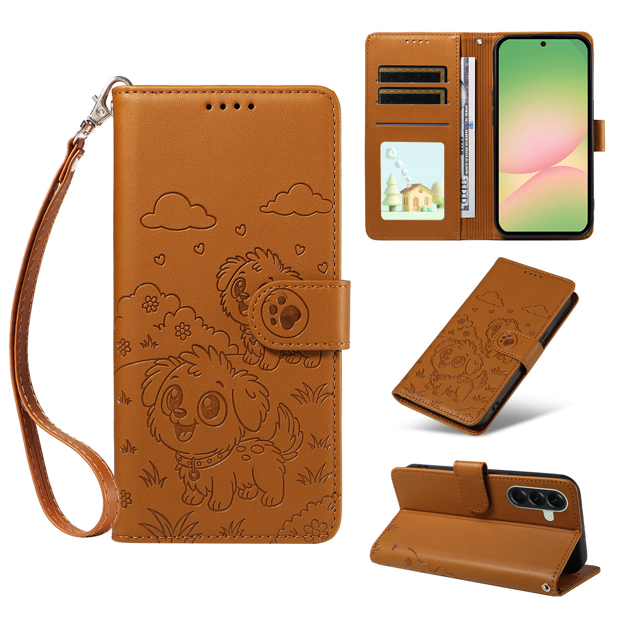 For Samsung Galaxy A57 5G Case RFID Blocking Imprinted Dog Pattern PU Leather Phone Cover with Wrist Strap - Brown
