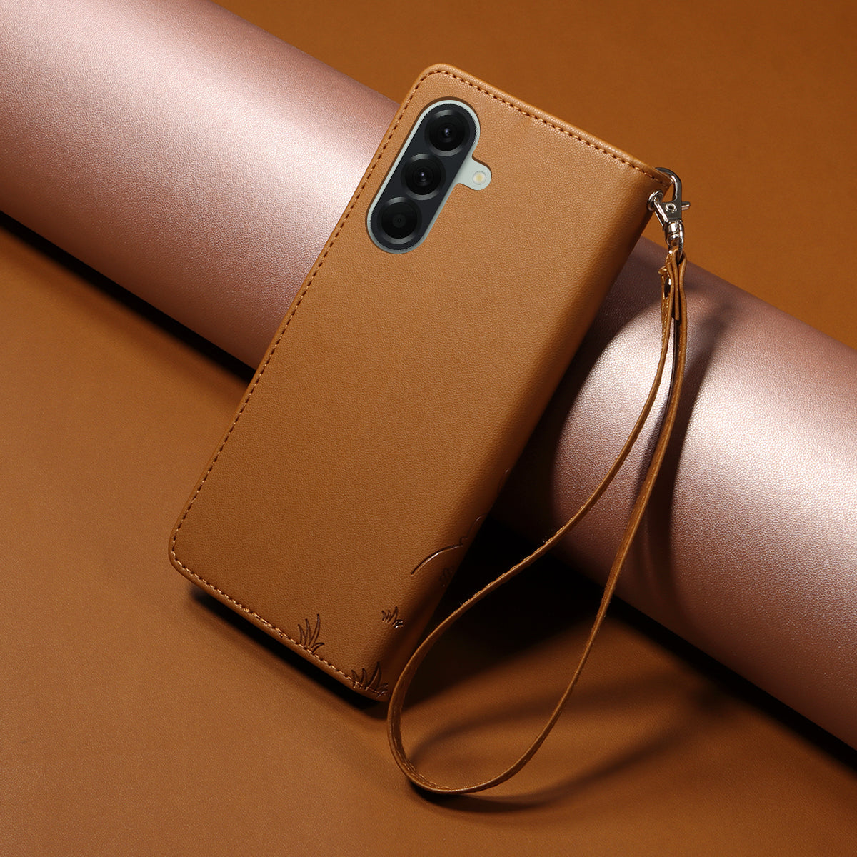 For Samsung Galaxy A57 5G Case RFID Blocking Imprinted Dog Pattern PU Leather Phone Cover with Wrist Strap - Brown