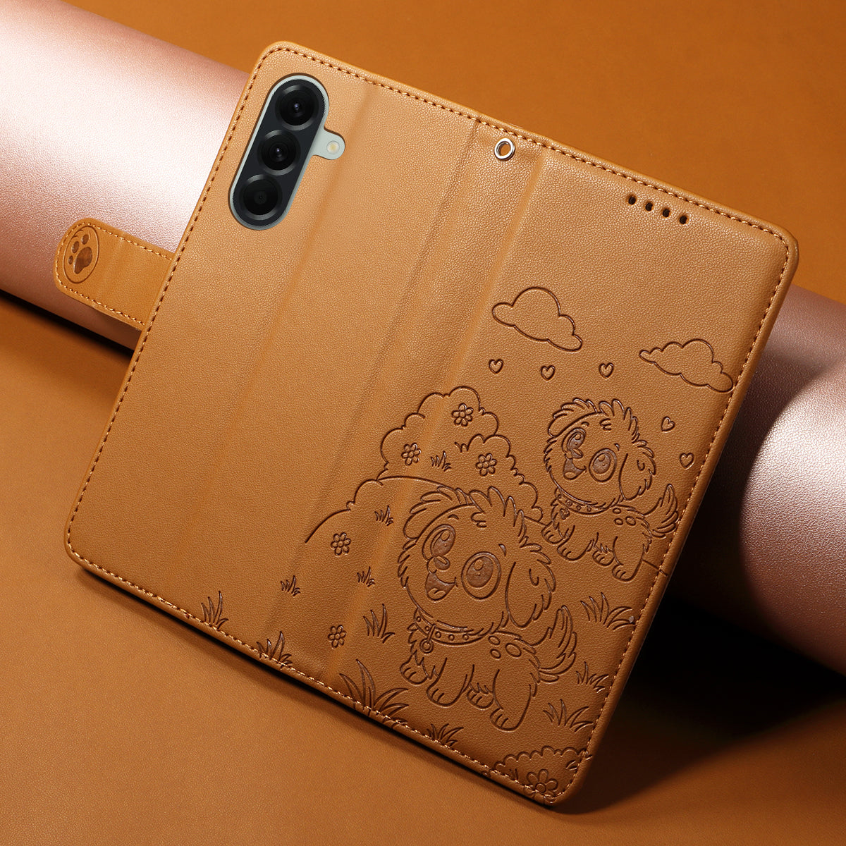 For Samsung Galaxy A57 5G Case RFID Blocking Imprinted Dog Pattern PU Leather Phone Cover with Wrist Strap - Brown