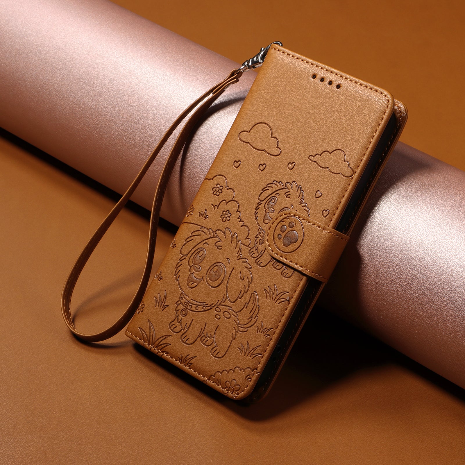 For Samsung Galaxy A57 5G Case RFID Blocking Imprinted Dog Pattern PU Leather Phone Cover with Wrist Strap - Brown