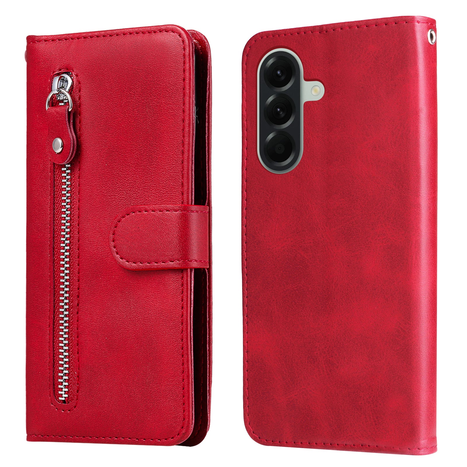 For Samsung Galaxy A57 5G PU Leather Cases with Zipper Pocket Wallet Phone Cover Stand - Red