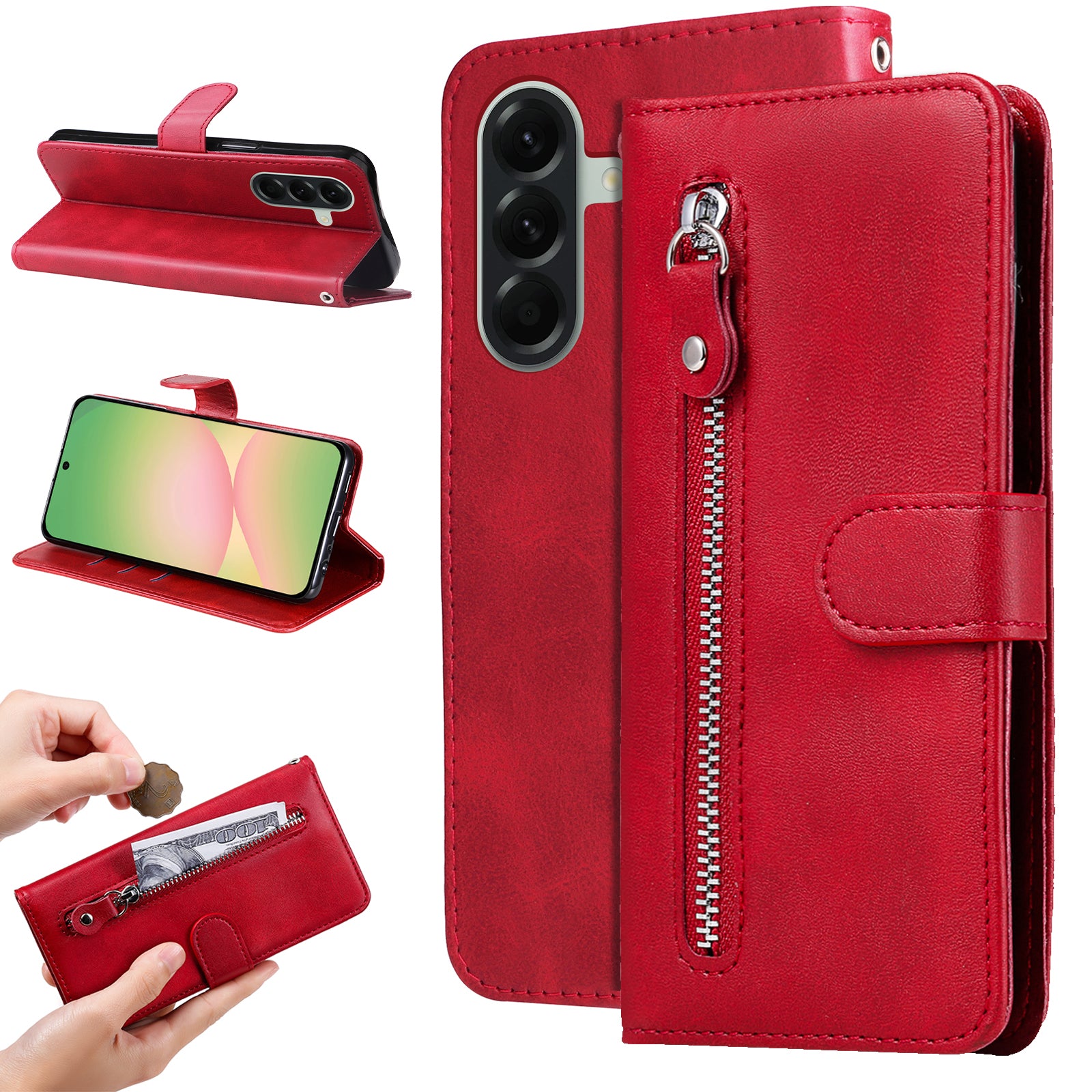 For Samsung Galaxy A57 5G PU Leather Cases with Zipper Pocket Wallet Phone Cover Stand - Red