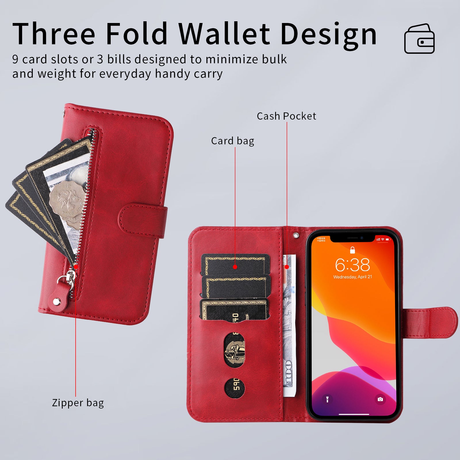 For Samsung Galaxy A57 5G PU Leather Cases with Zipper Pocket Wallet Phone Cover Stand - Red