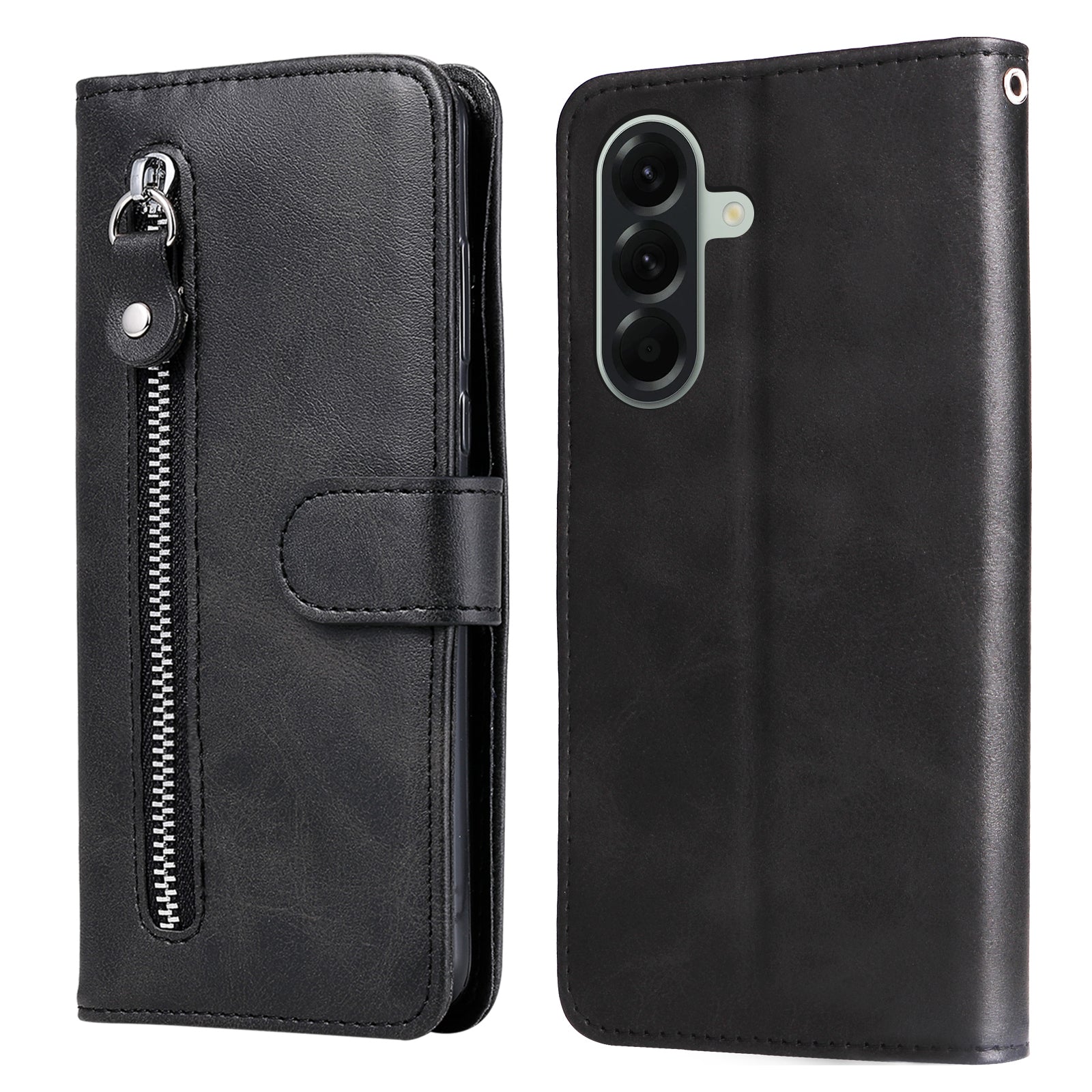 For Samsung Galaxy A57 5G PU Leather Cases with Zipper Pocket Wallet Phone Cover Stand - Black