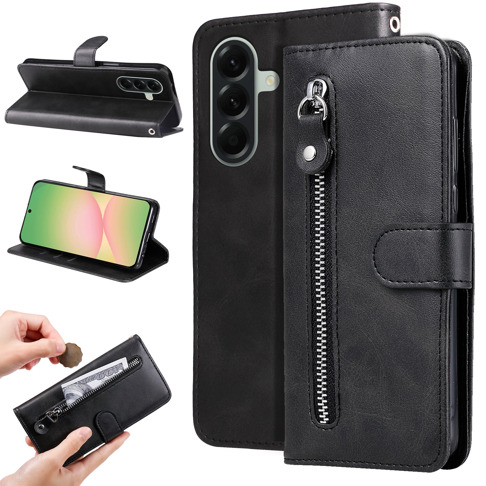 For Samsung Galaxy A57 5G PU Leather Cases with Zipper Pocket Wallet Phone Cover Stand - Black