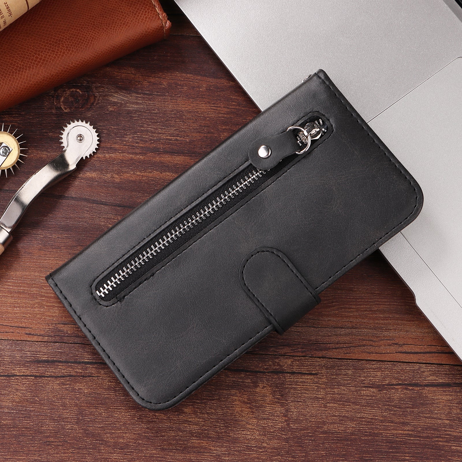 For Samsung Galaxy A57 5G PU Leather Cases with Zipper Pocket Wallet Phone Cover Stand - Black
