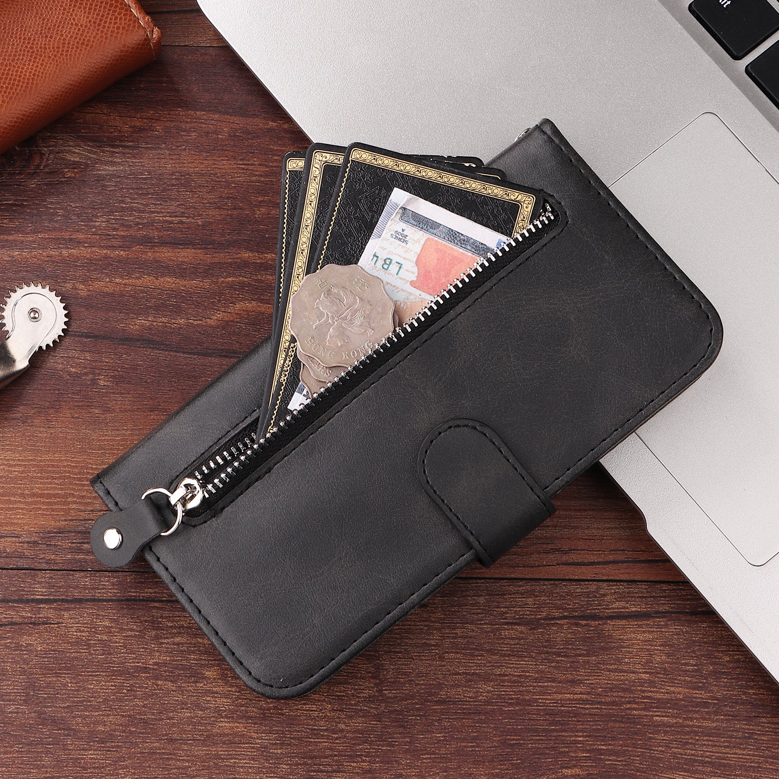 For Samsung Galaxy A57 5G PU Leather Cases with Zipper Pocket Wallet Phone Cover Stand - Black