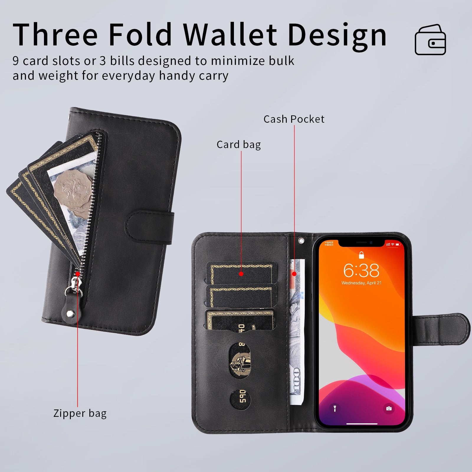 For Samsung Galaxy A57 5G PU Leather Cases with Zipper Pocket Wallet Phone Cover Stand - Black